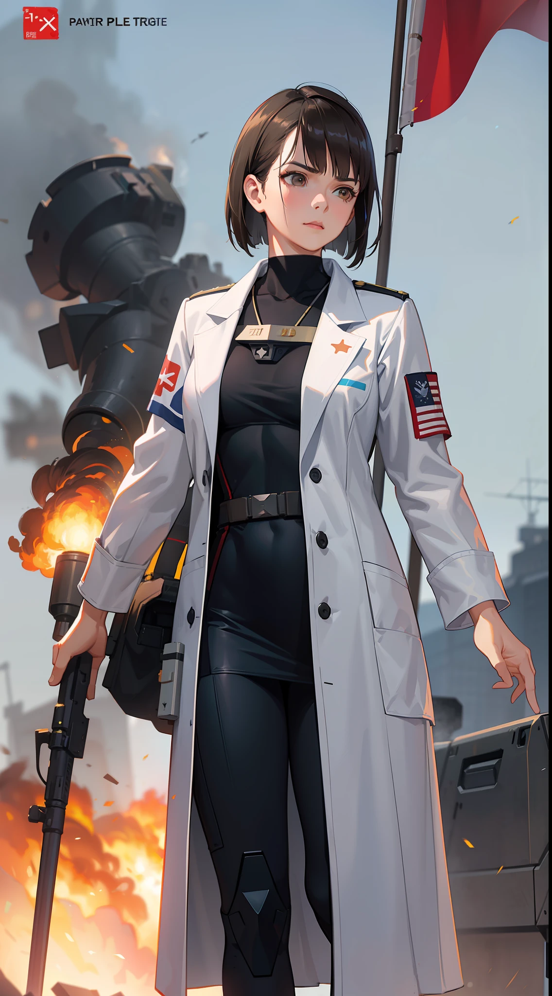 Movie Trailer Cover,War Movie Poster,Blizzard Background,Flag,Sci-fi,Science Fiction,Movie Reference Foundation,Anti-government,Politics,War,25-year-old woman,adult,rebel,dark brown eyes,short black bob,white doctor researcher suit,white coat transparent,no uniform or symbol,fully dressed,polite dress,serious face,realistic face resolution,realistic,object resolution