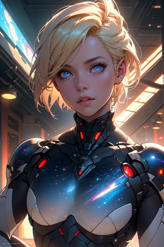 Highly detailed RAW color photo, beautiful young woman, short blonde hair, dynamic pose, (wide hips), (detailed skin), (detailed lips), (detailed eyes), (cosmic: 1.4), (necropolis: 1.1), (science fiction setting) (detailed face), (curvy), red clothing, detailed eyes, chromatic aberration, depth of field, soft lighting, masterpiece, best quality, intricate, (lens reflection: 0.7), (flowering: 0.7), particle effects, ray tracing,  tone mapping, highly detailed, concept art, smooth, sharp focus, dramatic lighting, highly detailed art, cinematic, hyper-realistic painting, trending on Artstation, 8K, amazing shadows, realistic, (highly detailed background: 1.2), mid-journey art