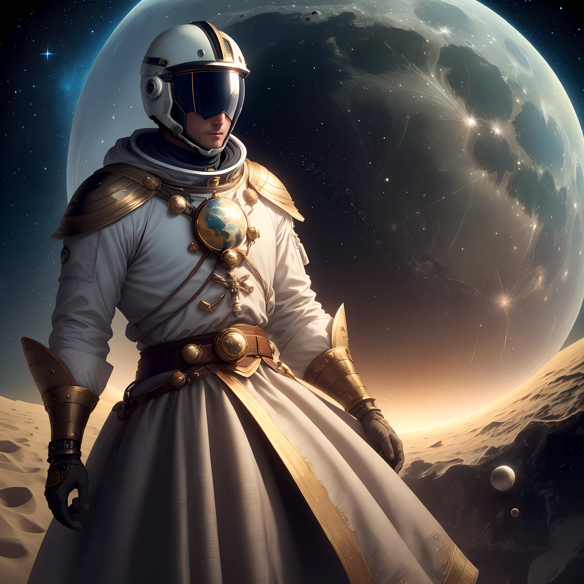 Man on the moon, with richness in detail holding his helmet, with his outfit with richness of detail, seeing the planet earth in 4k from a short distance, with stars at the bottom of its coast.