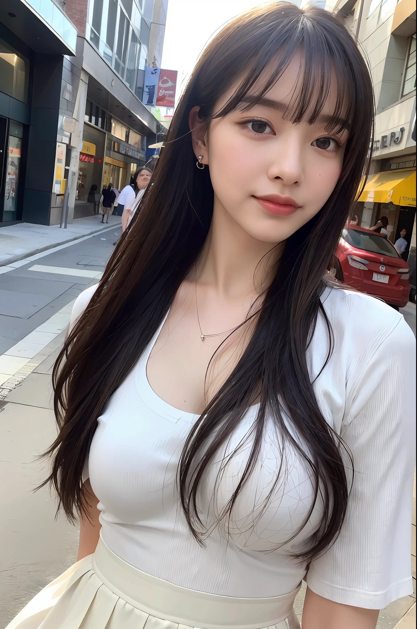 (8k, RAW Photo, Best Quality, Masterpiece:1.2), Ultra Detail, Super Resolution, (Realistic, Realistic Photo:1.37), Portrait, High Detail RAW Color Photo, Professional Photo, Extremely Detailed and Beautiful, Extremely detailed, 8k wallpaper, amazing and detailed, huge file size, official art, highly detailed CG unity 8k wallpaper, highly detailed beautiful girl, highly detailed face, highly detailed eyes, highly detailed skin, highly detailed fingers, highly detailed nose, very detailed detailed mouth , perfect anatomy, highly detailed background, highly detailed clothing, 1girl, (18:1.2), , cute girl, famous japanese idol, kawaii, realistic body, petite, fair skin, glowing skin , slim body , handsome body, black hair, long straight hair, (blunt bangs:1.2), smile, cute, youthful, cute face, realistic face, delicate eyes, drooping eyes, white t-shirt, skirt, earring, looking at viewer, cowboy shot, front Facing, Standing, Contraposto, High Street, Public, Crowd, Dynamic Lighting, Very Large Breasts,