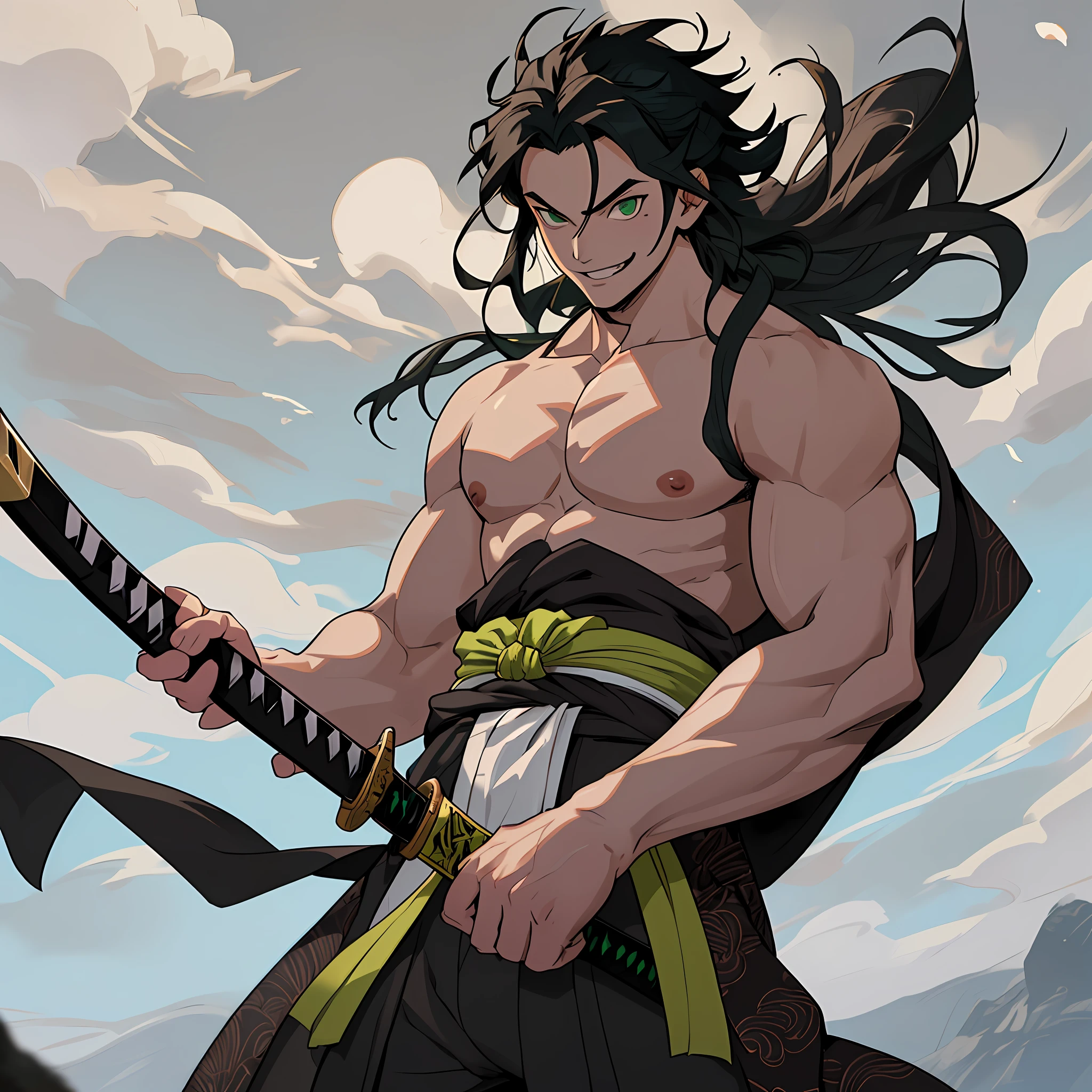 best quality (katana: 1.4), serious,(at night: 1.4), a single 16-year-old who has his hair black, long that is loose in the wind, his hair is continuous and poured down his body, straight and shiny, which falls gently to the waist. Your hair is thick and has a healthy appearance, your hair is large and not stuck, contrasting with your fair skin. The young man's eyes are deep and emerald green, intense as two light pearls. They reflect calm and an inquisitive curiosity. He has a big smile on his face and a menacing look. With his upright posture, the young man shows a confident bearing and a cheerful and hyperactive aura. He is shirtless and underneath wears the underside of a brown, black and light green kimono with details with printed grey clouds, with a large yellow ribbon at his waist, sleeveless, made of a quality fabric. giving him the look of a swordsman. At his waist, he carries a white katana with gray details on the blade. The long, sharp blade is made of polished steel, reflecting light. The katana grip is wrapped in black leather, offering a firm and secure grip. The scabbard of the sword adorned with demonic symbols. He's on a rocky mountain feeling the wind. He has a cheerful face. The trees sway in the background. Kimetsu no Yaiba style, alone, 1boy, a little muscular, demon slayer style, loose hair, petulant look, smiling, confident, only 1, spilled hair, loose and big hair, demon slayer artstyle, full body
