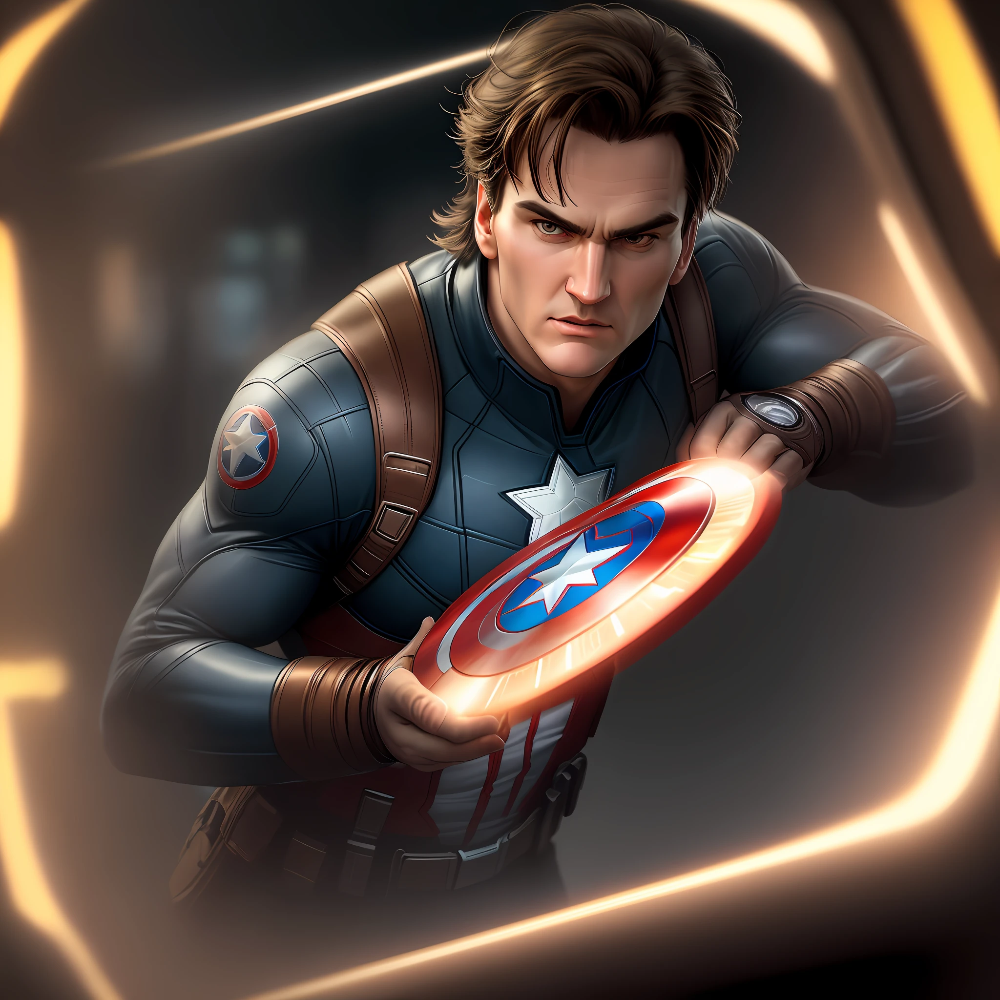 . Tarantino blob style:https://web.whatsapp.com/04416cab-bcd9-4fb5-b060-6e57f9ea2847 as Captain America 8k, high definition, detailed face, detailed face, detailed eyes, detailed suit, Marvel and DC style, hyper-realistic, + cinematic plan + dynamic composition, incredibly detailed, sharpness, detail + superb detail + night with light + perfectionism + award-winning realism ((ambient lighting))