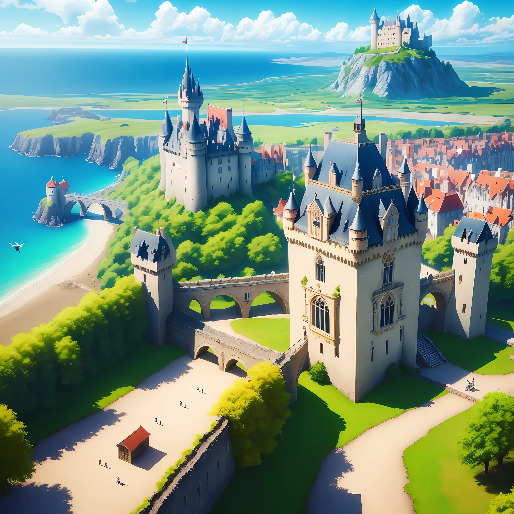 Castles, beautiful landscape, birds, bright colors, sunny weather, path, 8k quality, cinematic focus