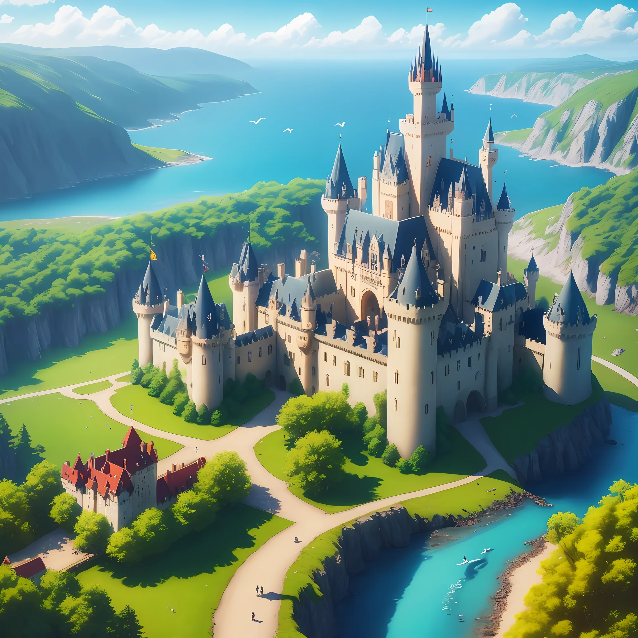 Castles, beautiful landscape, birds, bright colors, sunny weather, path, 8k quality, cinematic focus
