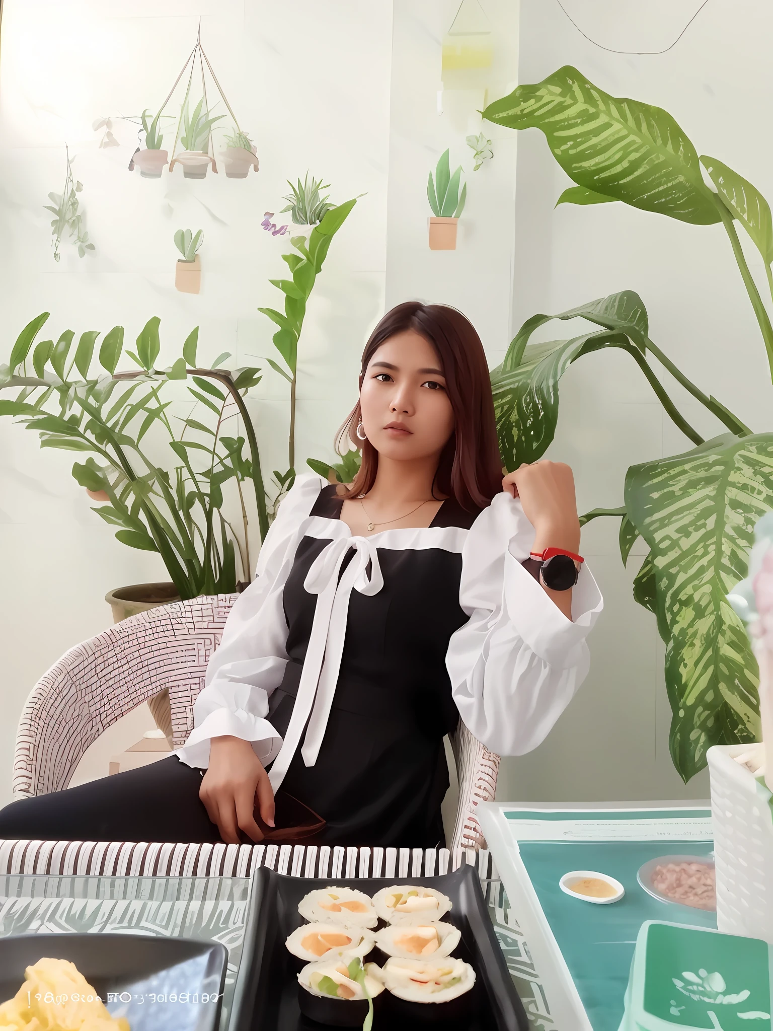 woman sitting in a chair with a tray of food on it, nivanh chanthara, thawan duchanee, taken with canon 8 0 d, picture, very very high quality picture, with backdrop of natural light, in white room, full subject shown in photo, attractive photo, photo taken in 2 0 2 0, high quality photo