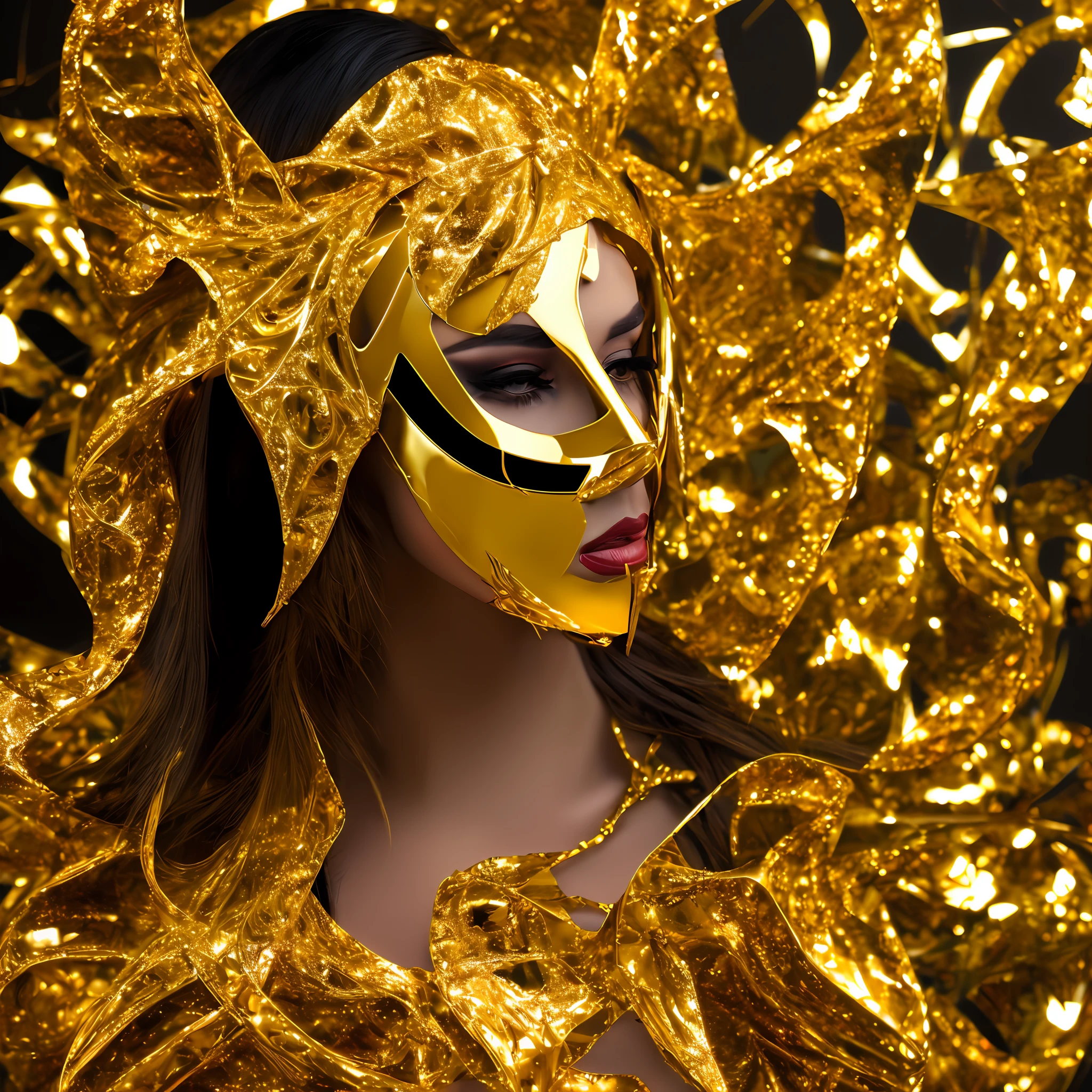 Digital Art portrait of a extremely beautiful woman wearing a ball mask made of broken golden glass