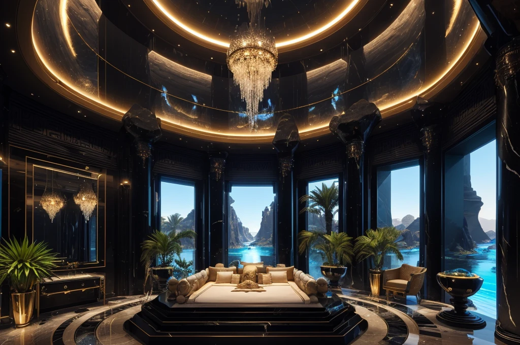 incredible luxurious futuristic interior in Ancient Egyptian style with many lush plants (lotus flowers:1.5, palm trees:2, rocky walls, sand:1.5, waterfalls:1.1), marble, precious minerals: 2, metals, gemstones, crystals, clouds and (water:1.6), ((luxury furniture made out of gemstones)), crocodiles, hieroglyphics:1.5, ultra luxury:2, black marble – with beautiful lights:1.5, Unreal Engine, HQ, 16k