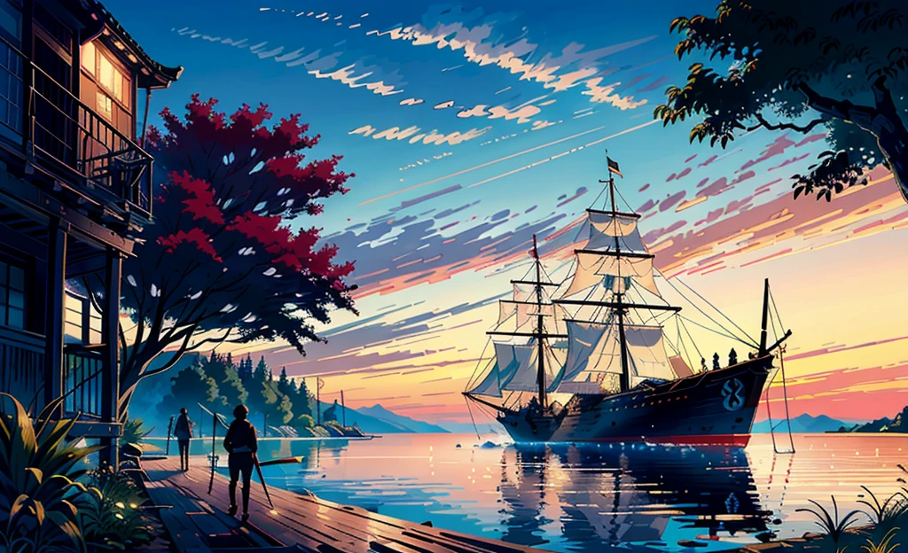 Tanjiro fighting with sword, Hyper detail, hires, realistic, 8k, masterpiece, best quality, (postmodern house: 1.4), landscape, big tree, cloudy sky, boat sail, wood, EXtparameters art by Fernand Cormon, at Twilight, waning light, (masterpiece, top quality, best, official art, beautiful and aesthetic:1.2),