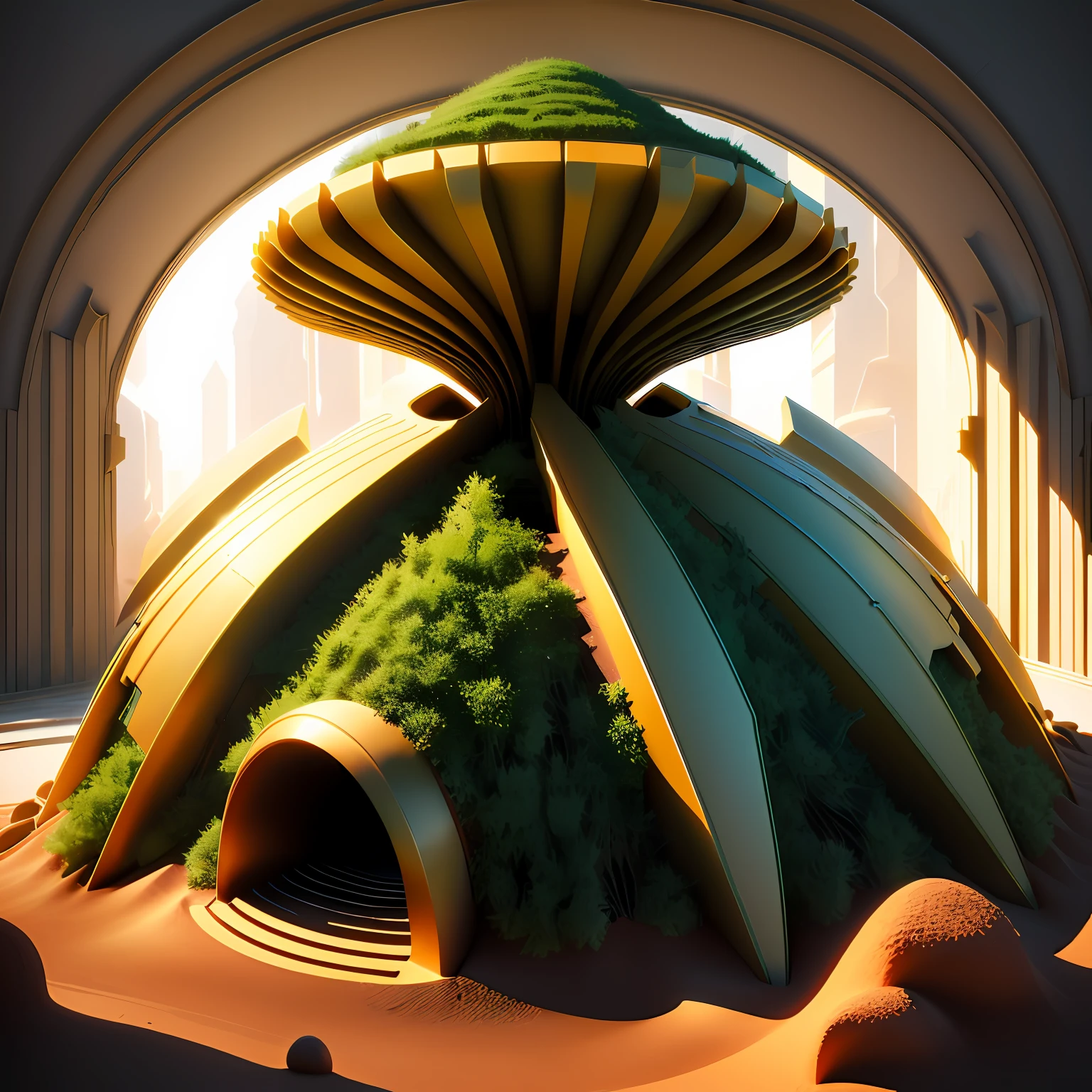 Piano shaped anthill, futuristic, 3d, fantasy, glow
