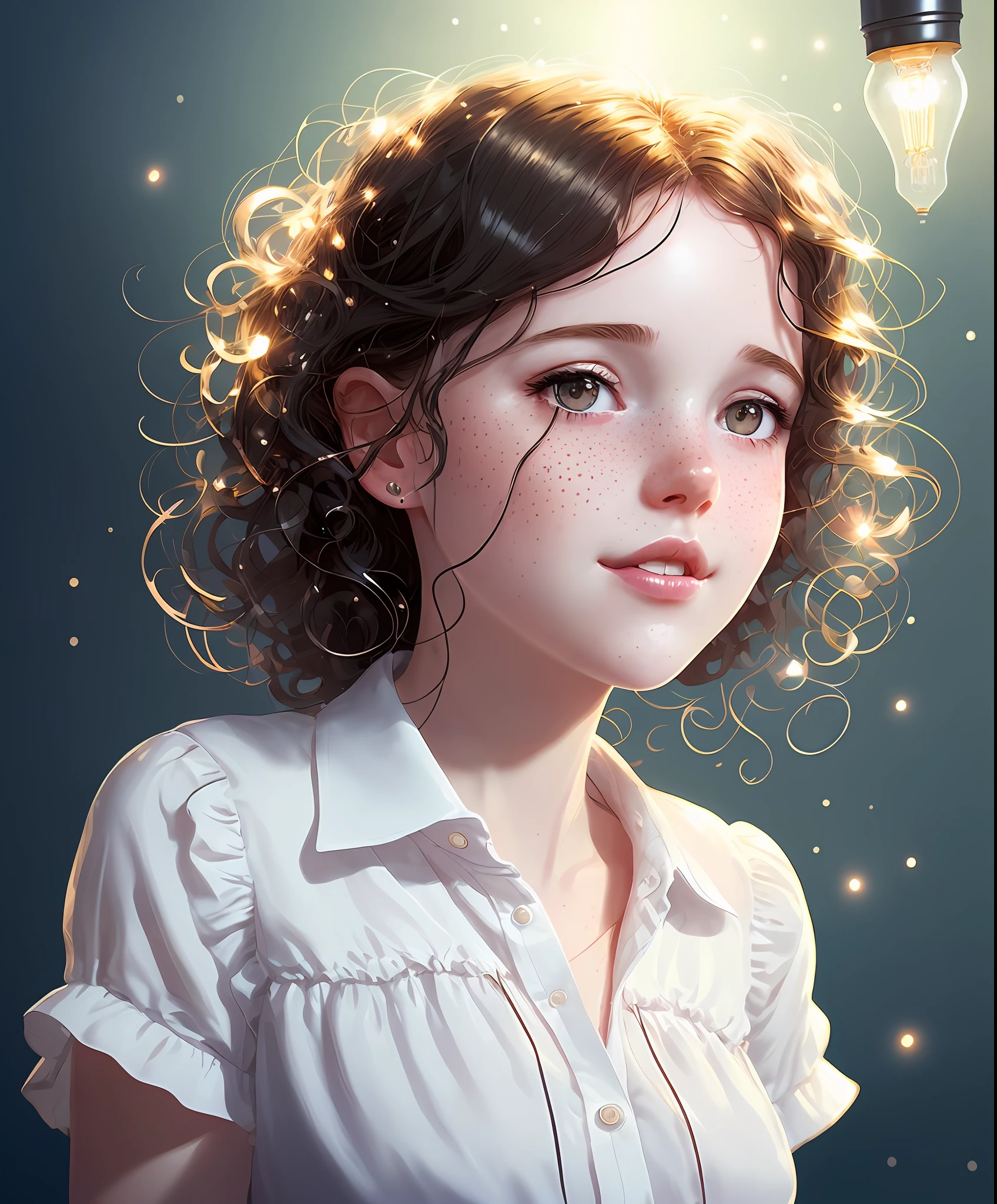 Close-up, cute girl, , curls, freckles, unbuttoned, white blouse, black background, (one light bulb), light on the face, dream, magical atmosphere, by key visual Laurent Parcelier Pascale Campion