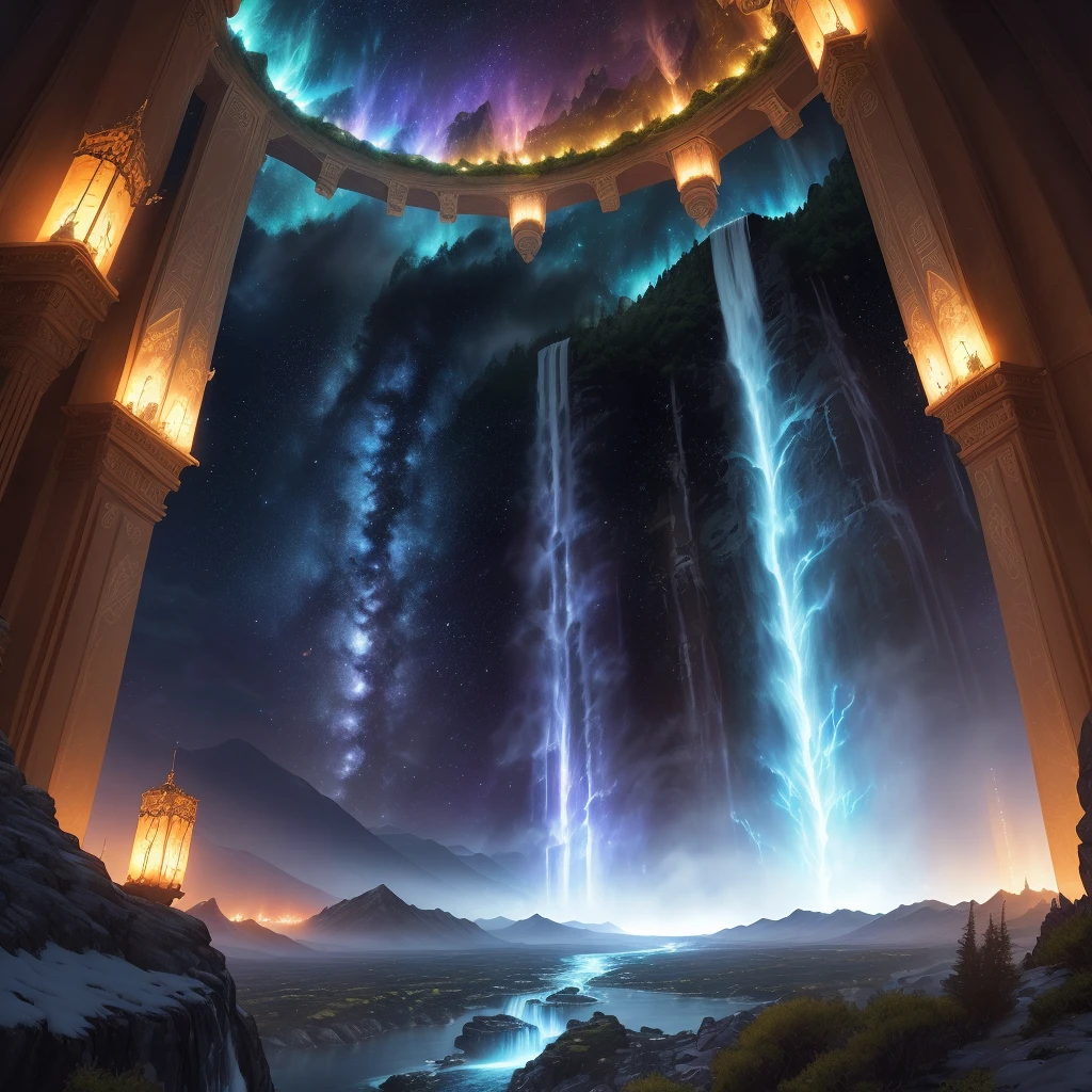 The cover features a dazzling and mystical setting ((Night)), where the elements are personified. The background is a wild and majestic landscape, with towering mountains, gleaming waterfalls and lush forests. In the center of the cover, the four elements manifest with a man in a wizard's robe ((detailed)) 4K ((realistic))