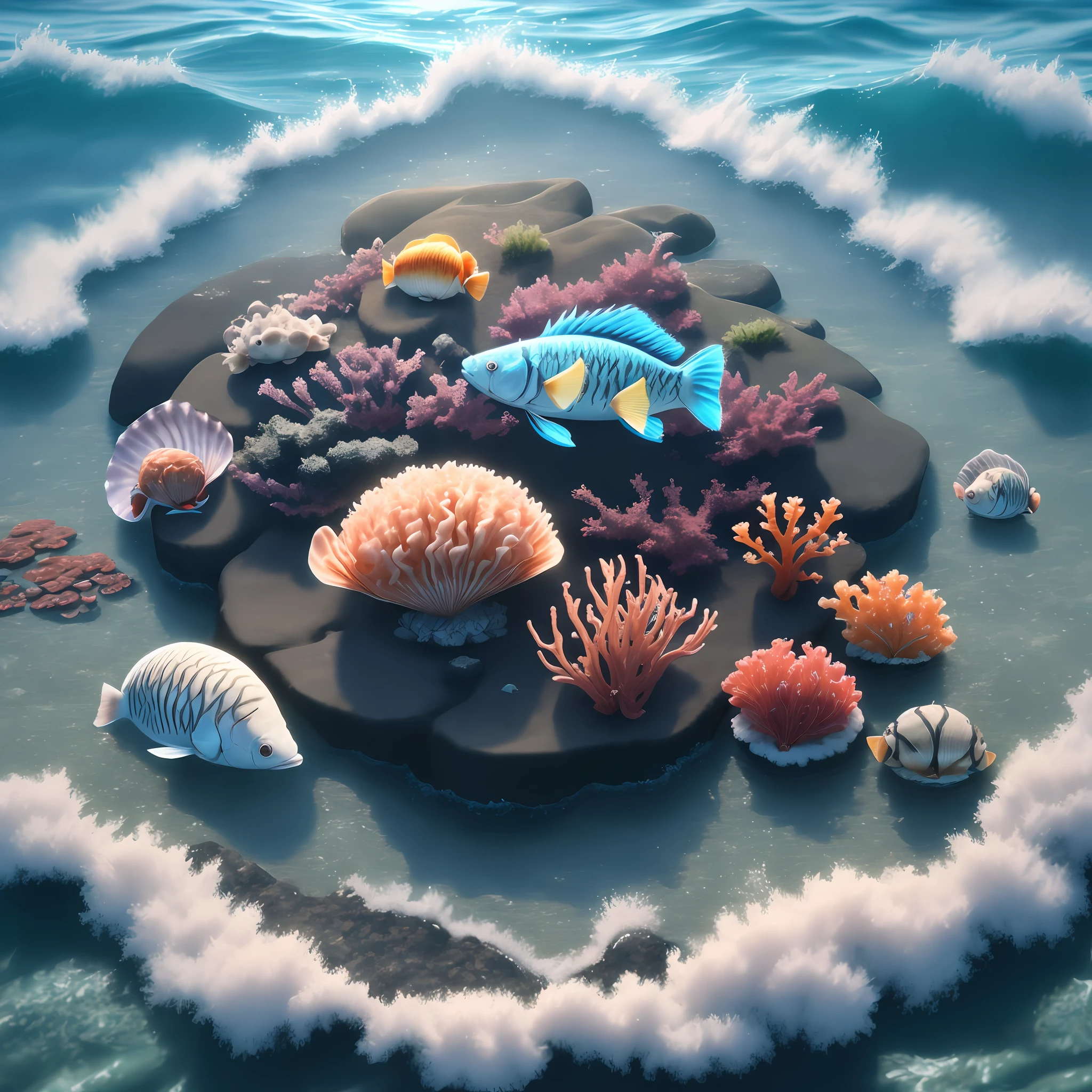 Fluffy aftalot, water, fish, seaweed and shellfish, 8k quality, cinematic focus