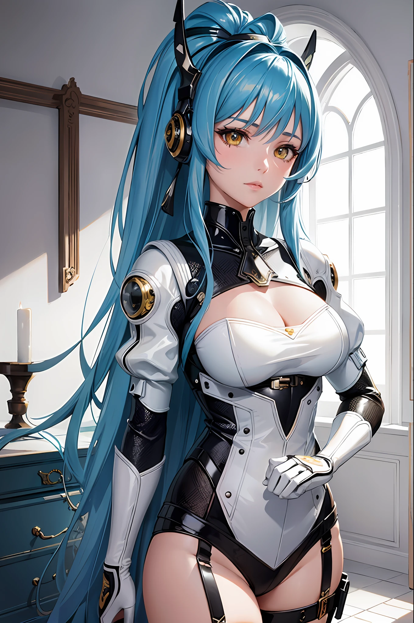 (((masterpiece))), (((best quality))), ((ultra-detailed)), (highly detailed CG illustration), ((an extremely delicate and beautiful)), cinematic light,((1girl)), solo, (upper body), (character focus), absurdres, high contrast, extreme detailed,colorful,highest detailed, science fiction, nanosuit, high ponytail, (light blue hair), yellow eyes, knee boots, (spacecraft interior), mechanical limbs, large breasts, metal wire,