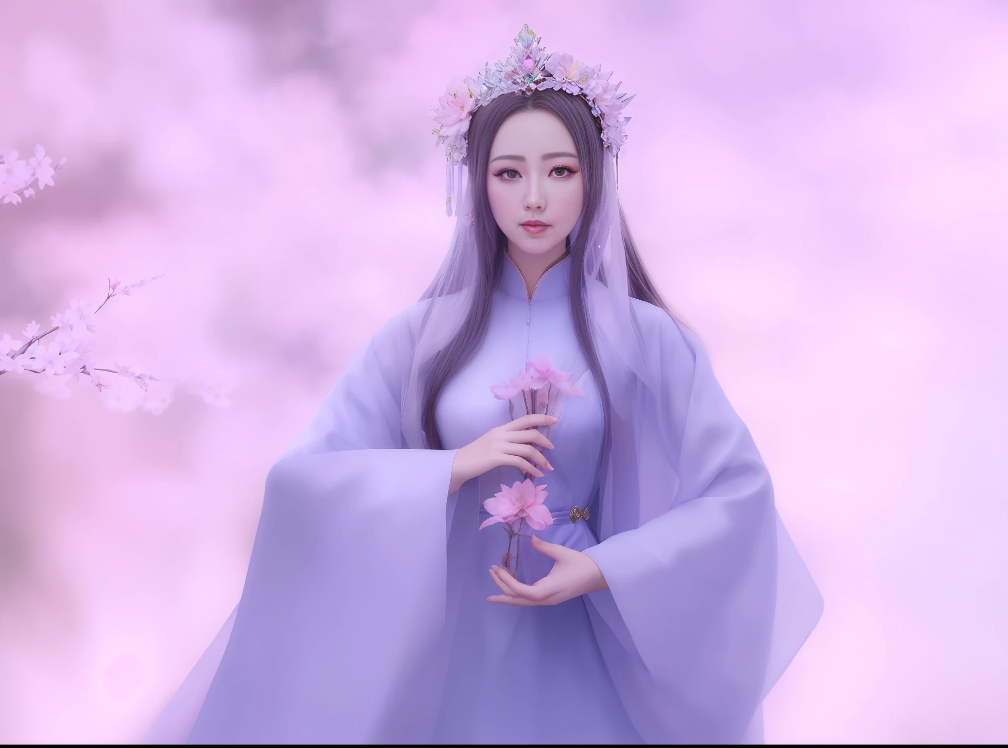 a close up of a woman in a cyberpunk dress with a flower in her hand, a beautiful fantasy empress, ((a beautiful fantasy empress)), beautiful celestial mage, beautiful and elegant elf queen, beautiful character painting, full body xianxia, portrait knights of zodiac girl, by Yang J, g liulian art style, fantasy art style,foreshortening, from above