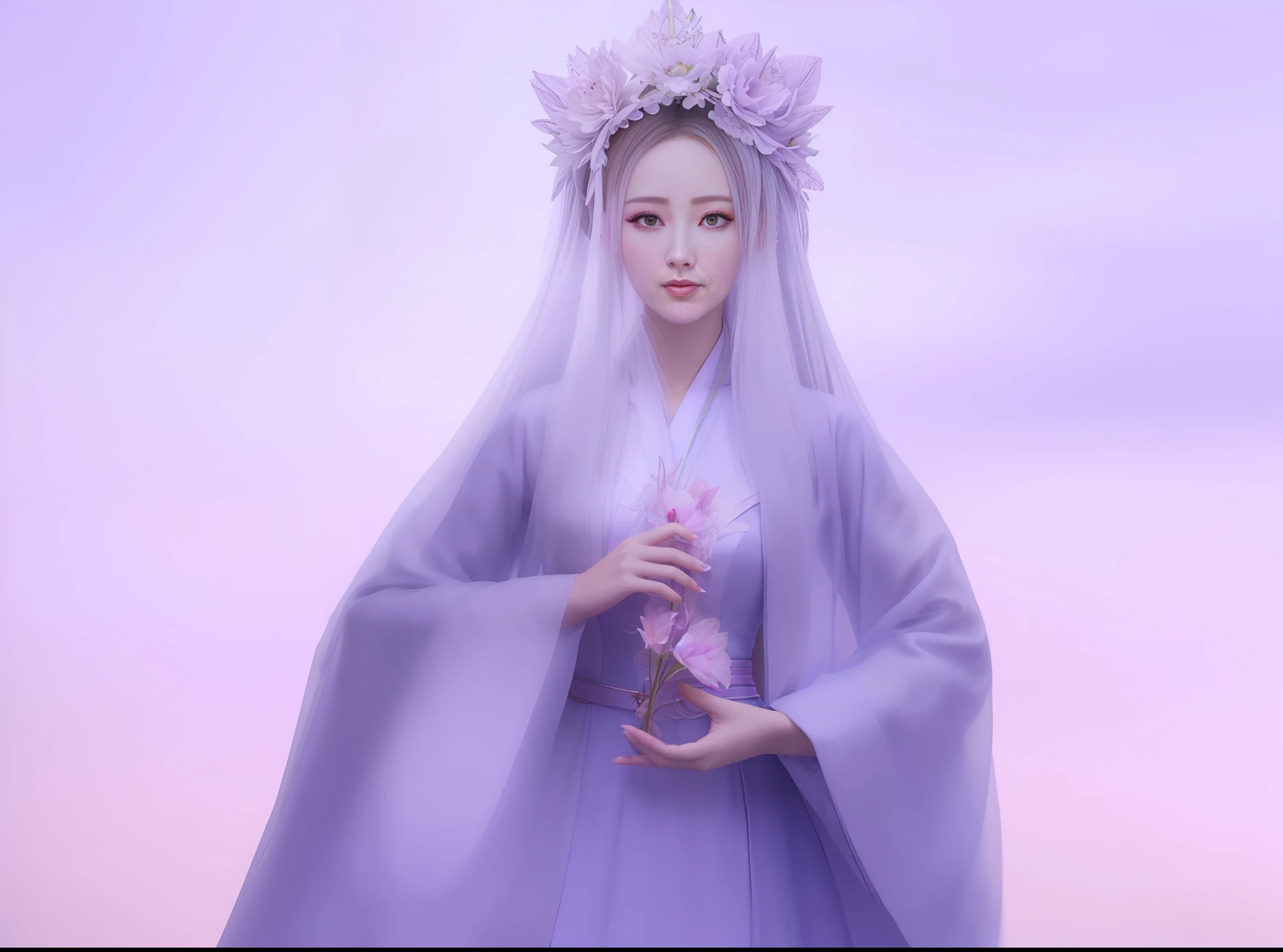 a close up of a woman in a cyberpunk  dress with a flower in her hand, a beautiful fantasy empress, ((a beautiful fantasy empress)), beautiful celestial mage, beautiful and elegant elf queen, beautiful character painting, full body xianxia, portrait knights of zodiac girl, by Yang J, g liulian art style, fantasy art style,foreshortening, from above