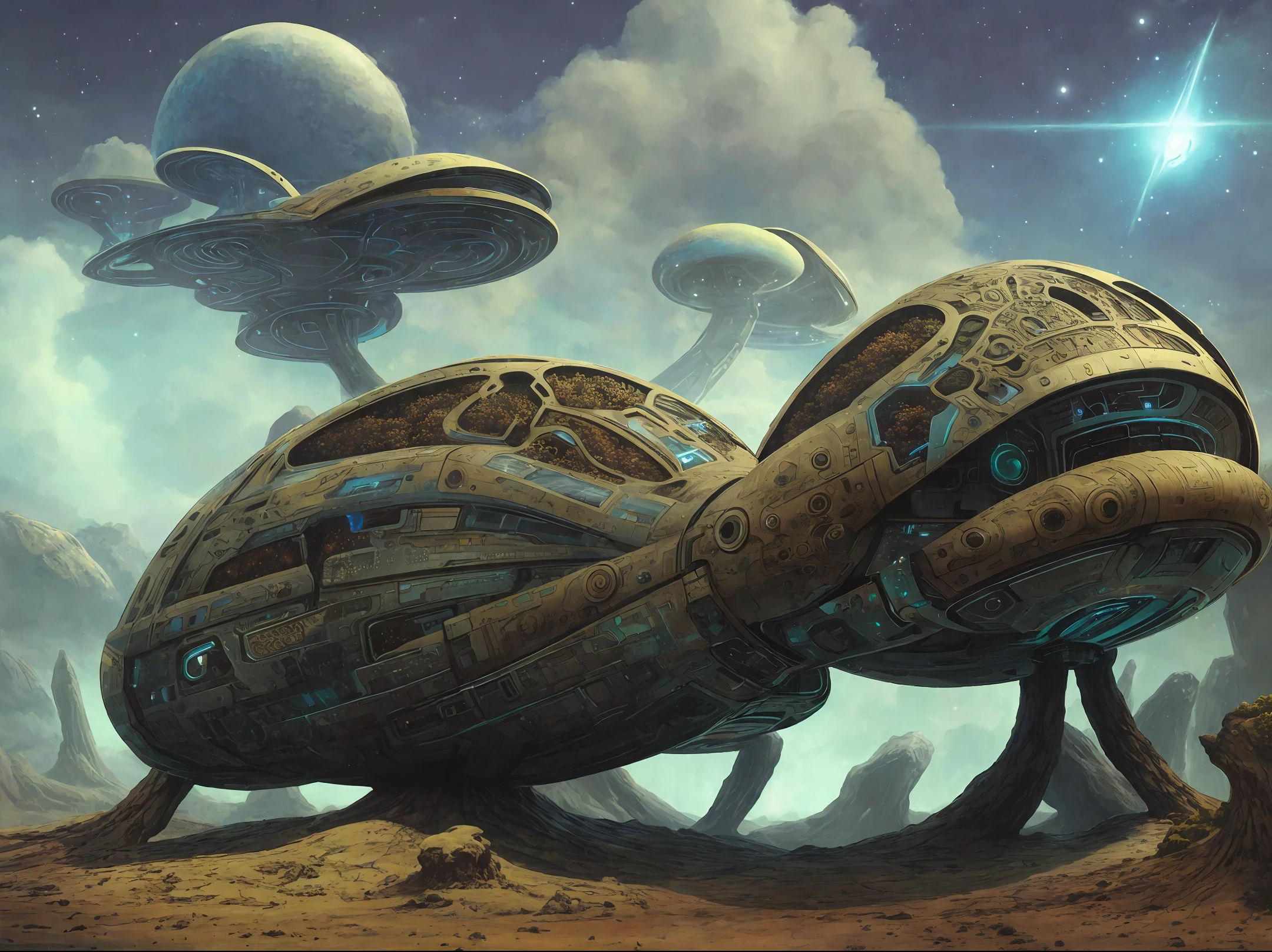 Spacehip shaped anthill, futuristic, 3d, fantasy, glow