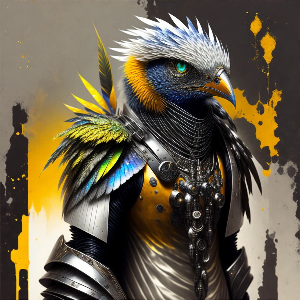 a mixed media artwork of a stylish adult male, very strange (anthropomorphic:1.3) predator bird-like alien species, slight smile, artistic splashes of liquid, computer game art, hyperdetailed colourful, avatar image, strong coordinated colors, striking avatar picture,ink,highly detailed eyes,black background,masterpiece,perfect composition,award winning,white skin,(sci-fi armor:1.2),face visible,bird colors,(iridescent:1.2)