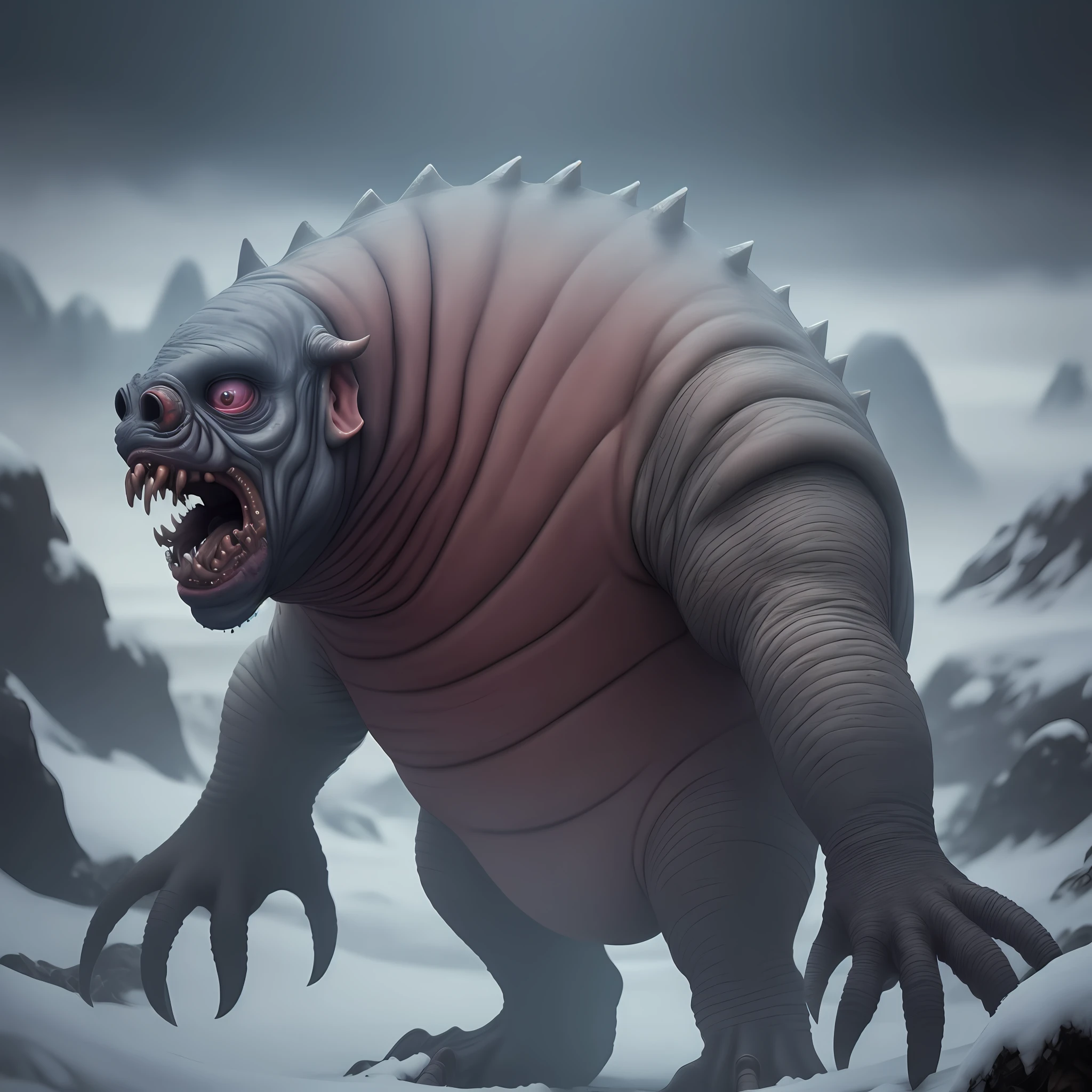 Deformed creature, crooked, ugly and disgusting, 8k quality, cinematic focus, cold colors