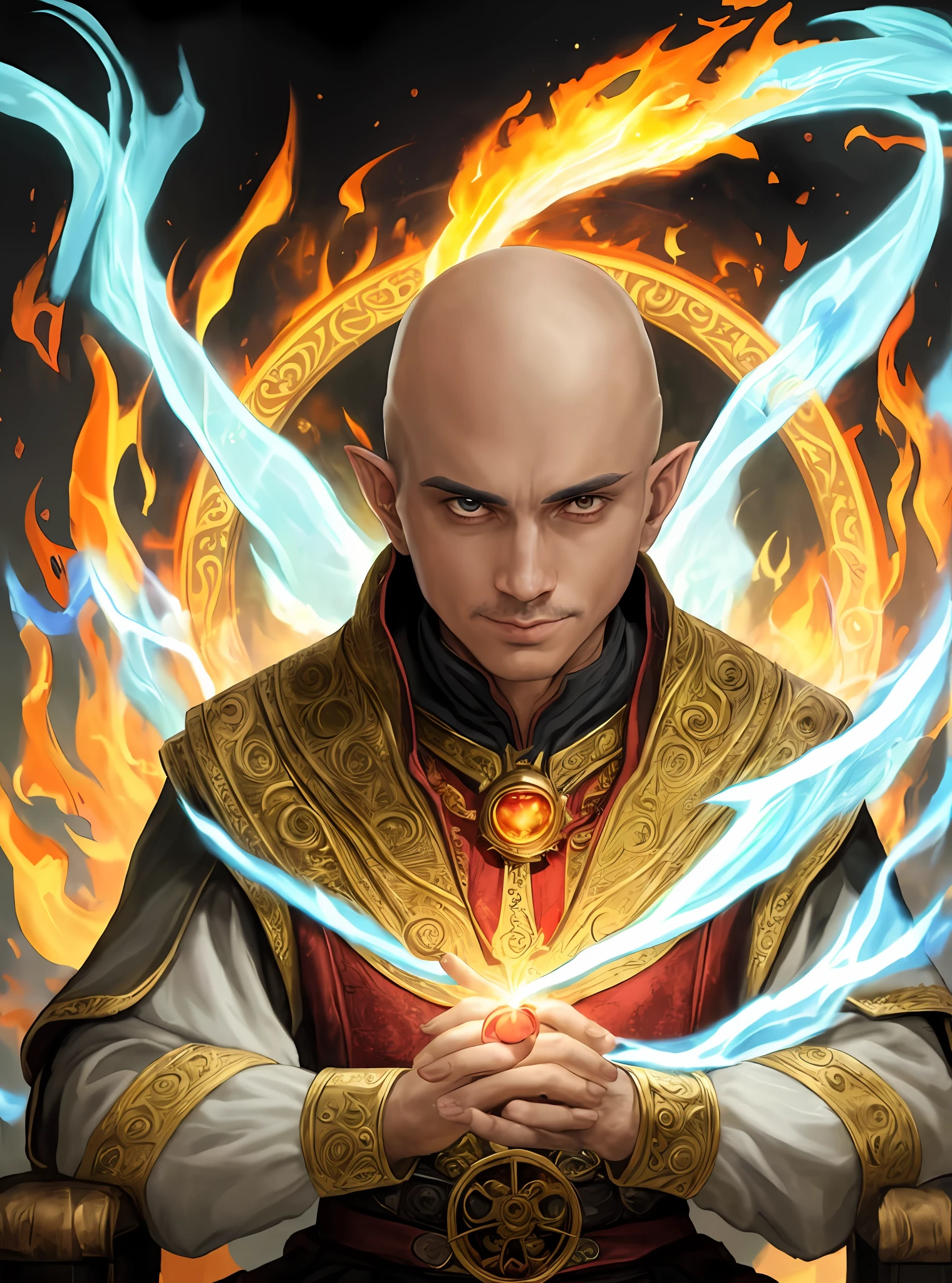 a man in a red and gold outfit holding a blue fire ball, portrait of a mage, metabaron, closeup portrait of an mage, an arcane wizard casting a spell, magic : the gathering art, stormlight archive, portrait of a young elf wizard, fisting monk, magic the gathering card art, young half elf wizard, fantasy card game art