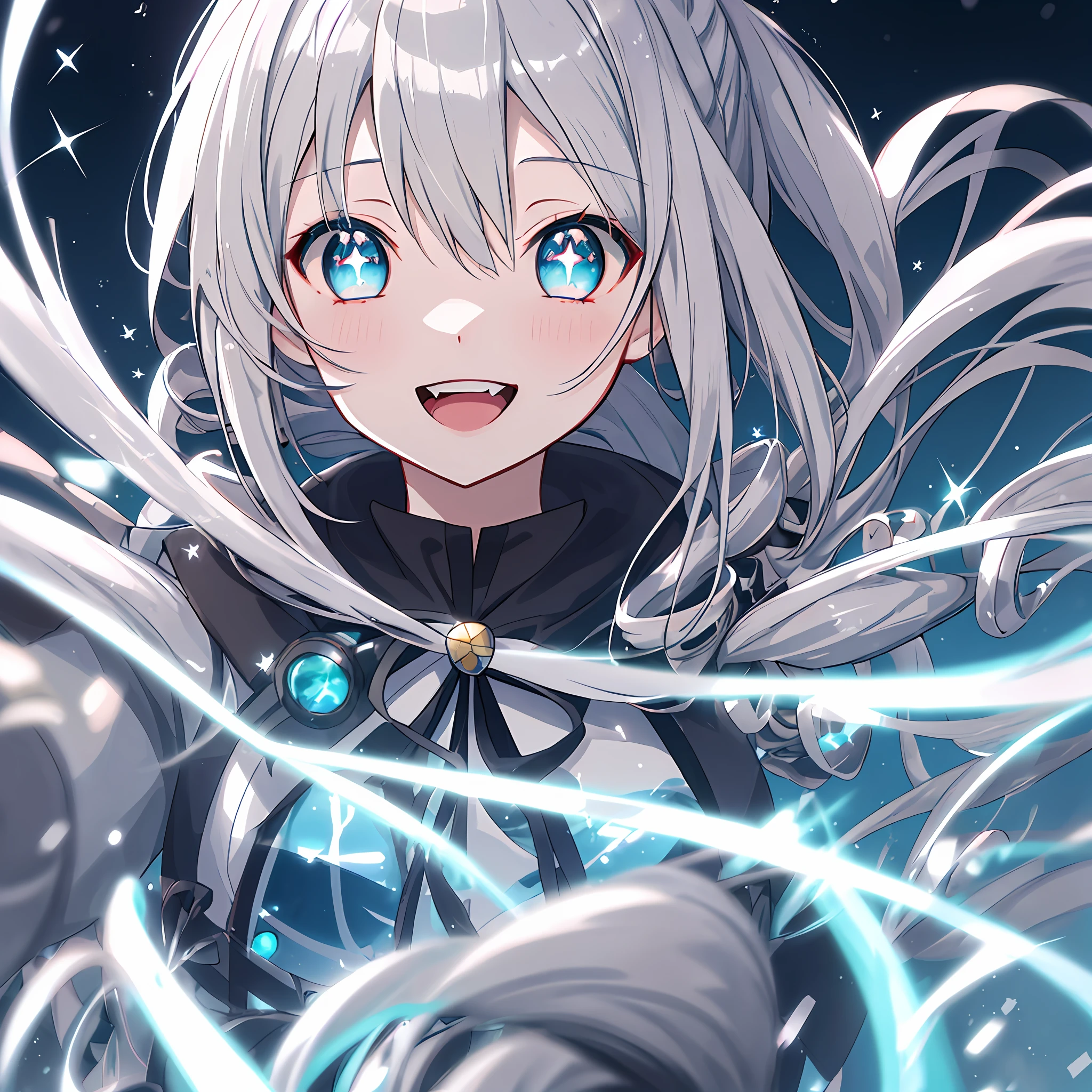grey hair, ahoge, asymmetrical hair, bangs, twin drills, long hair, okappa, ribbon, aqua eyes, gradient eyes, star-shaped pupils, drunk, open mouth, smile, nosebleed, from outside, anime, anime style, motion blur, sparkle, glowing light, reflection light, backlighting, bloom, drop shadow, motion lines, UHD, masterpiece, ccurate, anatomically correct, textured skin, super detail, high details, high quality, award winning, best quality, highres, 1080P, HD, 4K, 8k, 16k