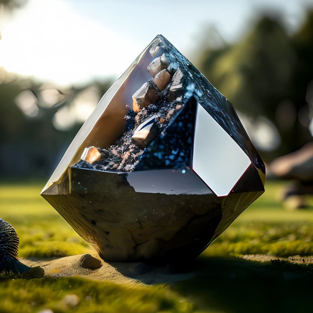 photo of A large crystal stone in an anthill, the background and a lawn, should have lighting reflections in the crystal, 4k, hdr, ray tracimg.