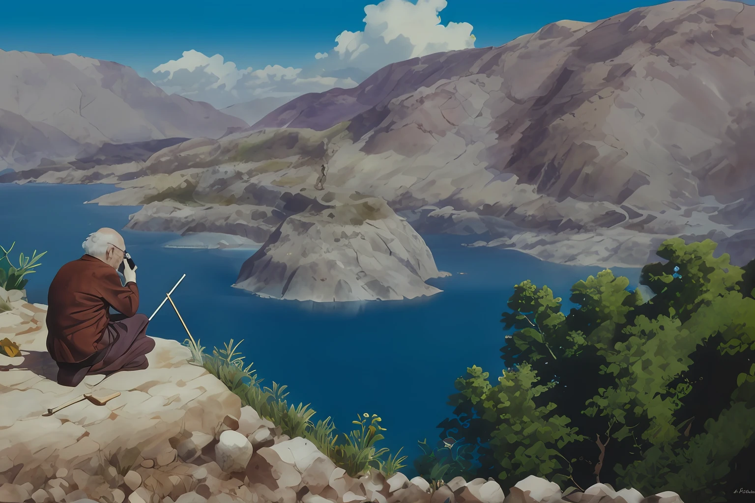 an old man played the flute in the lake