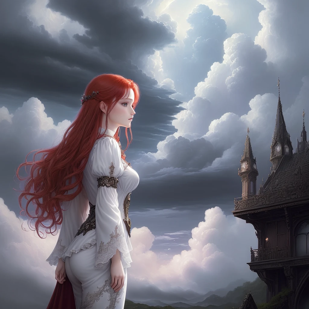 ((best quality)), ((masterpiece)), (detailed) red hair, ethereal beauty, (fantasy illustration: 1.3), enchanting gaze, captivating pose, fabulous and gorgeous white shirt and black pants suit, charm of other world, mystical sky, (Luis Royo:1.2), (Yoshitaka Amano:1.1), moonlit night, soft colors, (detailed clouds:1.3), (high resolution:1.2)