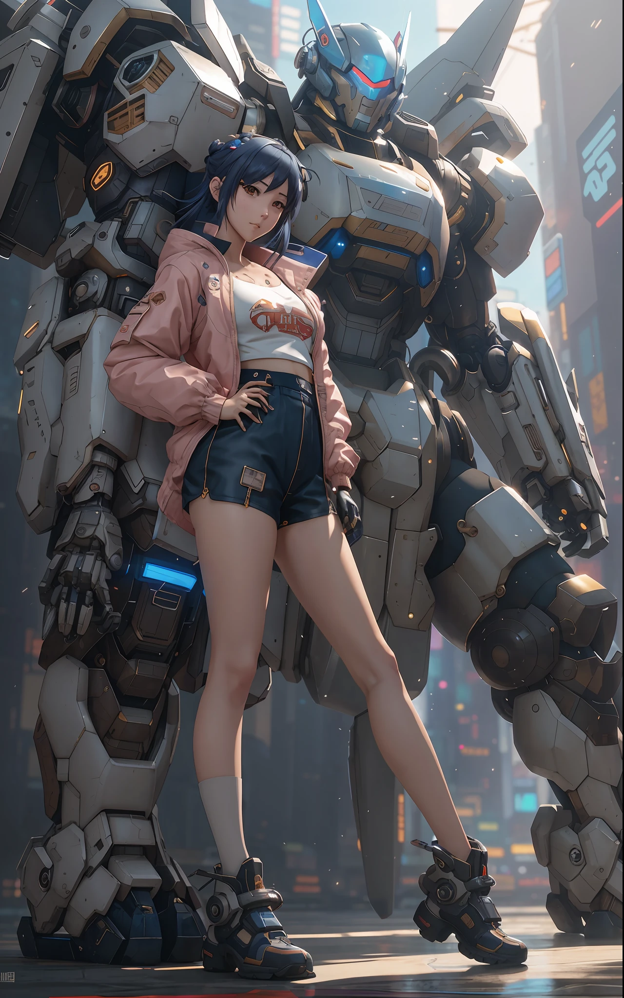 anime girl in short shorts and jacket standing next to giant robot, artwork in the style of guweiz, cyberpunk anime girl mech, trending on cgstation, guweiz, by Russell Dongjun Lu, digital cyberpunk anime art, ross tran 8 k, guweiz on artstation pixiv, girl in mecha cyber armor