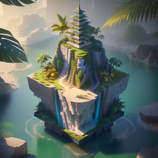 Modern minimalist model podium display, yellow background, 3d renderings podium display with tropical foliage on green walls, 3d renderings, surreal, canon 5D, DSLR camera, 50mm portrait, dof, V-ray rendering, 8K, ray tracing, varnishing, hard edge lighting, Photoshop processing, Pinterest