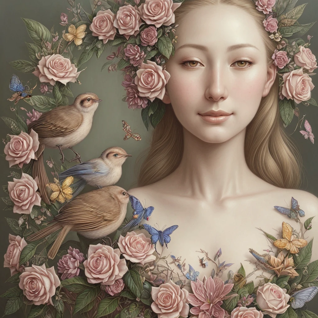 A botanical masterpiece in the style of Marco Mazzoni, detailed, hyper-realistic, elemets of symbolism and surrealism, intricate design, insanely beautiful woman, flowers, birds, diamonds, butterflies, pastel, golden details, looking at the viewer, looking straight to the camera, mysteriously smiling.