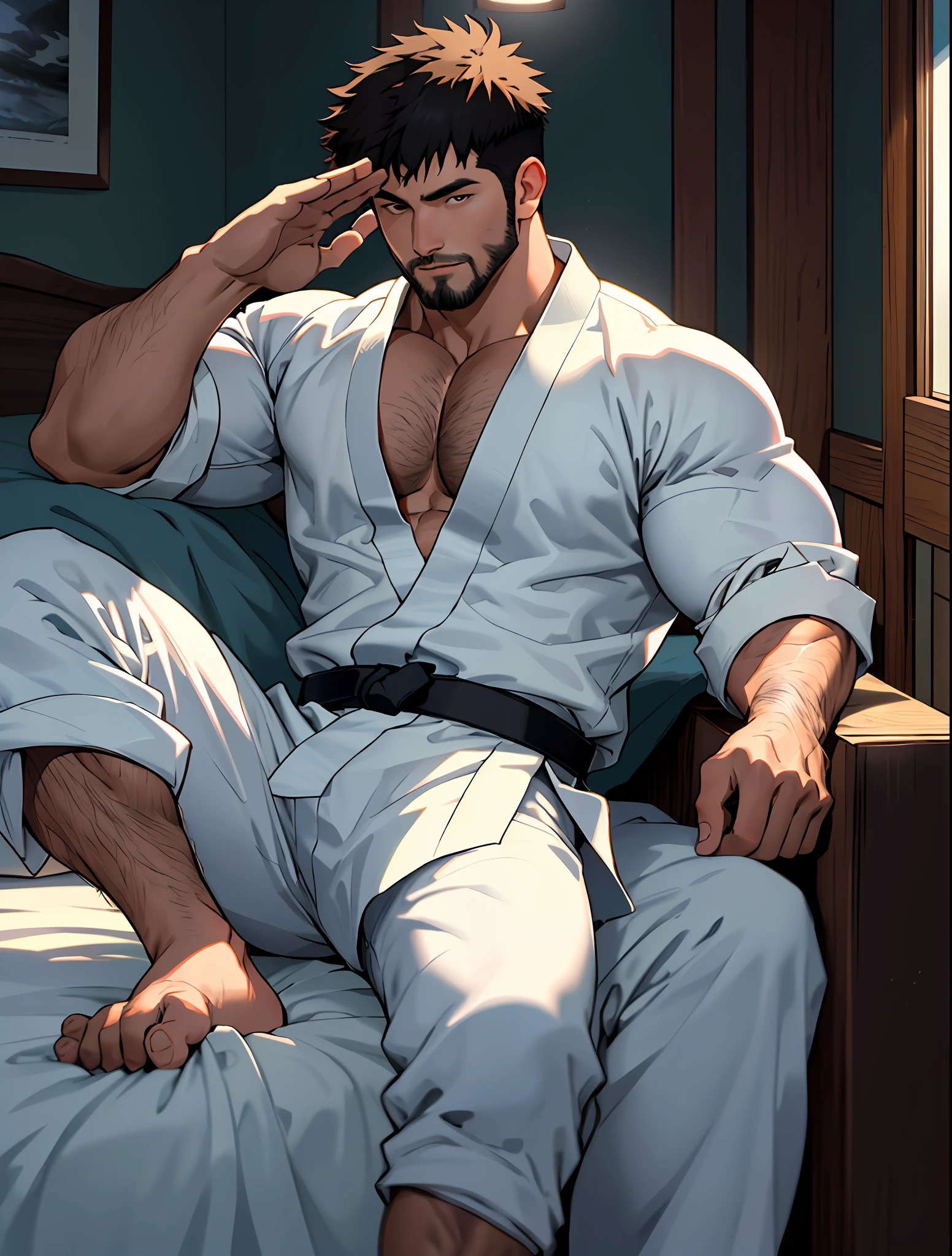 best quality, masterpiece, super high resolution, detailed background, realism, Illustrations, single, 1 boy, bedroom, muscle, volumetric lighting, depth of field, facial hair, ryu, (white clothes), black belt, barefoot, night, salute