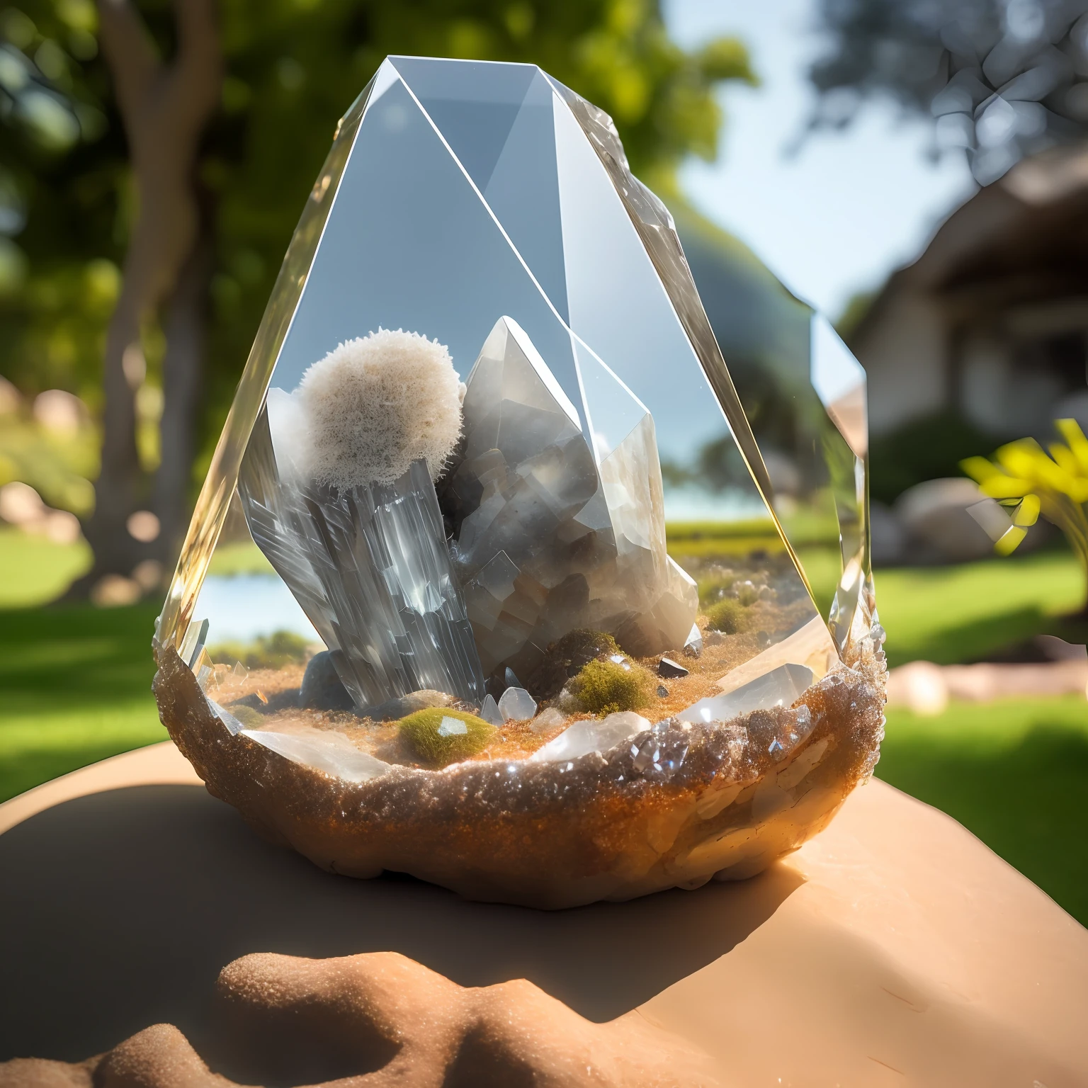 photo of A large crystal stone in an anthill, the background and a lawn, should have lighting reflections in the crystal, 4k, hdr, ray tracimg.