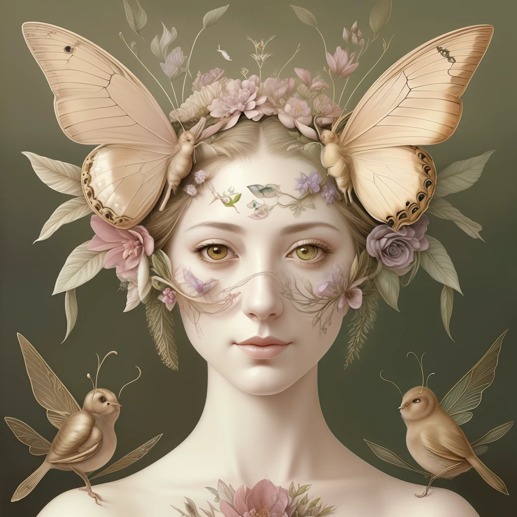 A botanical masterpiece in the style of Marco Mazzoni, detailed, hyper-realistic, elemets of symbolism and surrealism, intricate design, insanely beautiful woman, flowers, birds, diamonds, butterflies, pastel, golden details, looking at the viewer, looking straight to the camera, mysteriously smiling.