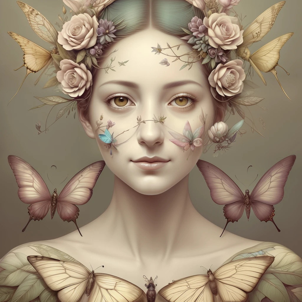A botanical masterpiece in the style of Marco Mazzoni, detailed, hyper-realistic, elemets of symbolism and surrealism, intricate design, insanely beautiful woman, flowers, birds, diamonds, butterflies, pastel, golden details, looking at the viewer, looking straight to the camera, mysteriously smiling.