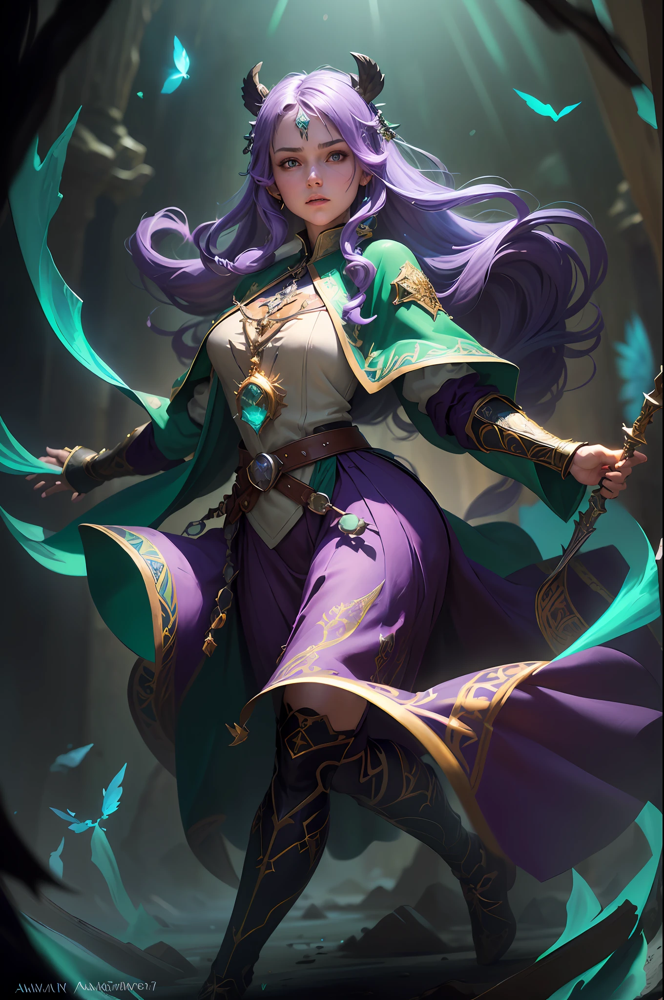 (highres illustration:1.1), (Medieval RPG, majestic imperial looking Female(action pose :1.1), Character Portrait, realistic detailed aqua eyes, detail symmetrical face:1.2), (ambient light, beautiful detailed majestic open fields green tundra background:1.1), (purple twintail hair:1.3), (young skin:1.2), (human:1.1), (solo,1girl:1.2), (vivid green theme:1.1), (intricate mage wizard ornate robes, green capelet, :1.1), (blue wizard robes:1.1), (chaotic good:1.2), unity asset store,  (fantasy portraits, rpg portraits), (professional majestic oil painting by  Anna Pavleeva, by Valeriy Vegera, volumetric lighting:1.3), Intricate, High Detail, dramatic, flying butterflies , ((sense of scale )),