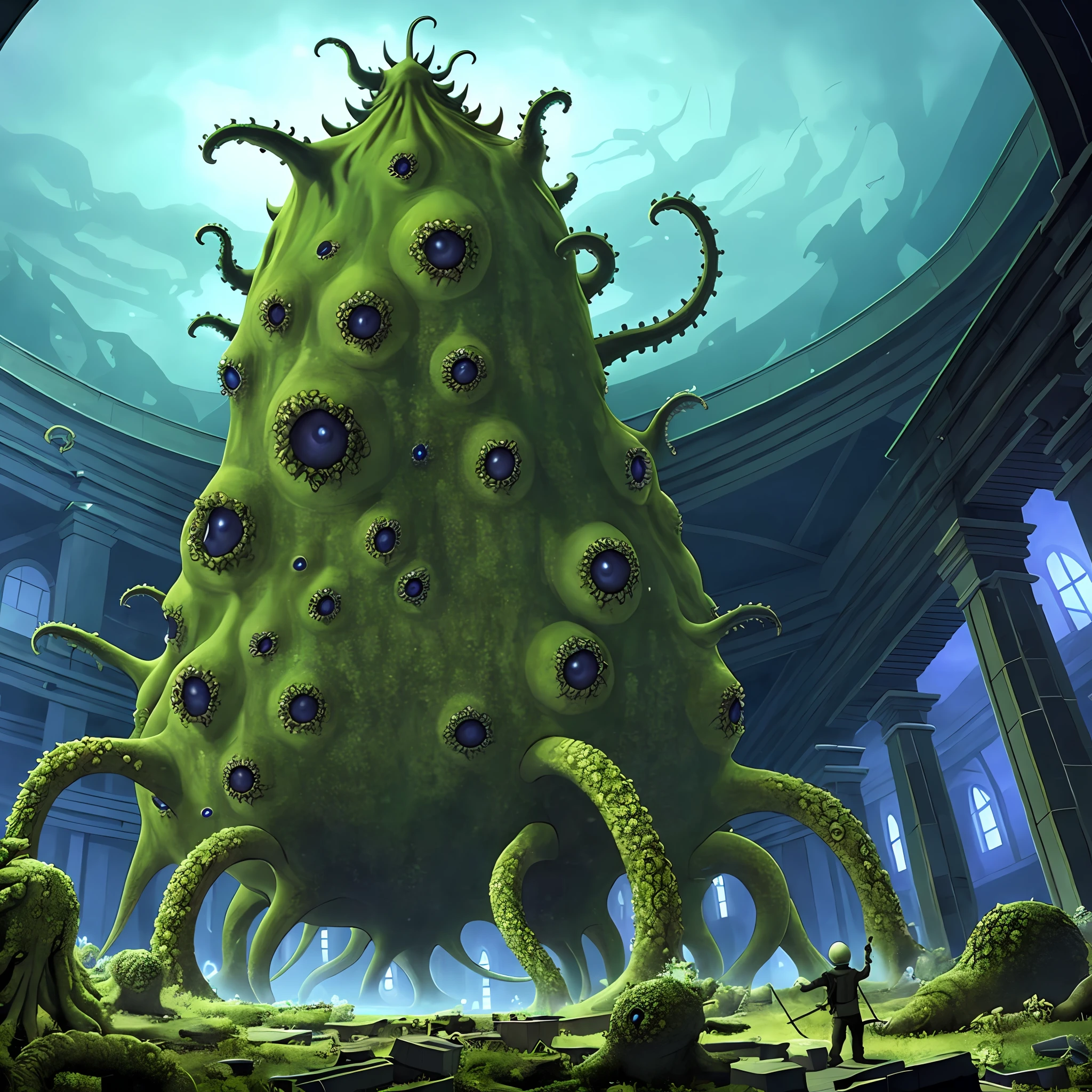 There is a giant blue green with tentacles in a building, lovecraftian sea creature, lovecraftian monster, lovecraftian background, lovecraftian landscape, lovecraftian creature, giant cthulhu, shoggoth, lovecraftian inspiration, tentacle monster, lovecraft-inspired, lovecraftian atmosphere, giant cthulhu, lovecraftian