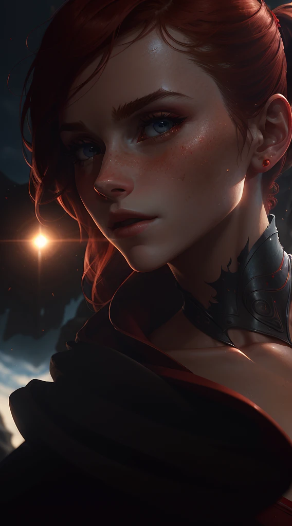 Solo, Side Face, A European Beautiful Girl, Redhead, Emma Watson, Tall Figure, Red Ponytail, Delicate Face, Red Dress, Dark Red Cloak, Blue Eyes, Holding Red Crystal Staff, Cool White Skin, Light Makeup, Boots, Background (Under the Sun), Facial Details (1.3) Eye Detail, Cinematic Lighting, Panorama, Projected Inset, UHD, Masterpiece, (Best Quality), (Best Illustration) , (Best Shadow), Ccurate, Textured Skin, High Quality, High Details, Super Detail, Award Winning, Best Quality, Highres, Anatomically Correct, 8K, Close-Up, Backlighting