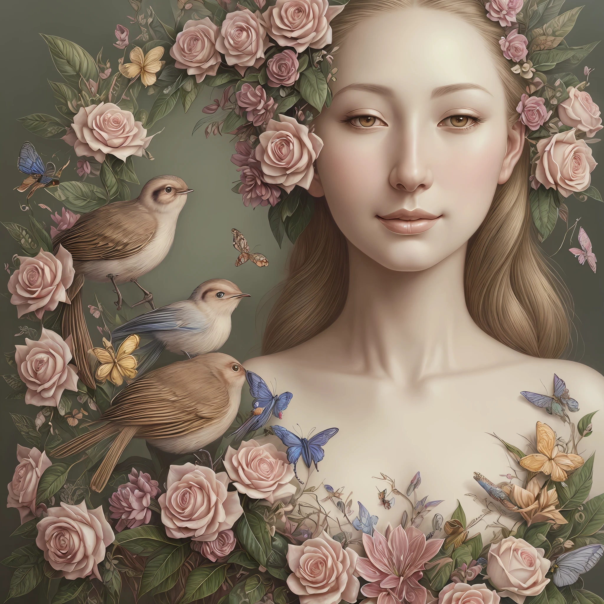 A botanical masterpiece in the style of Marco Mazzoni, detailed, hyper-realistic, elemets of symbolism and surrealism, intricate design, insanely beautiful woman, flowers, birds, diamonds, butterflies, pastel, golden details, looking at the viewer, looking straight to the camera, mysteriously smiling.