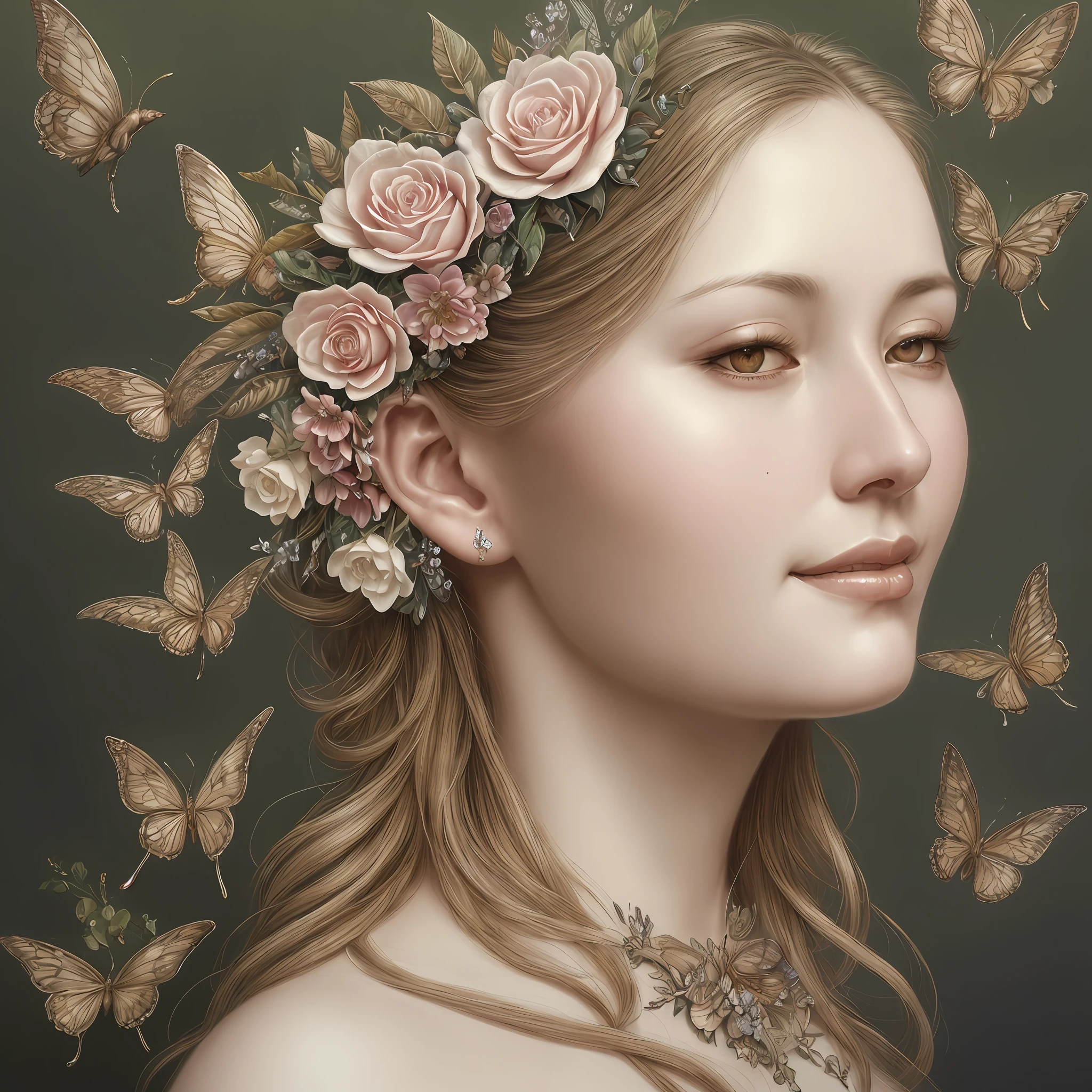 A botanical masterpiece in the style of Marco Mazzoni, detailed, hyper-realistic, elemets of symbolism and surrealism, intricate design, insanely beautiful woman, flowers, birds, diamonds, butterflies, pastel, golden details, looking at the viewer, looking straight to the camera, mysteriously smiling.