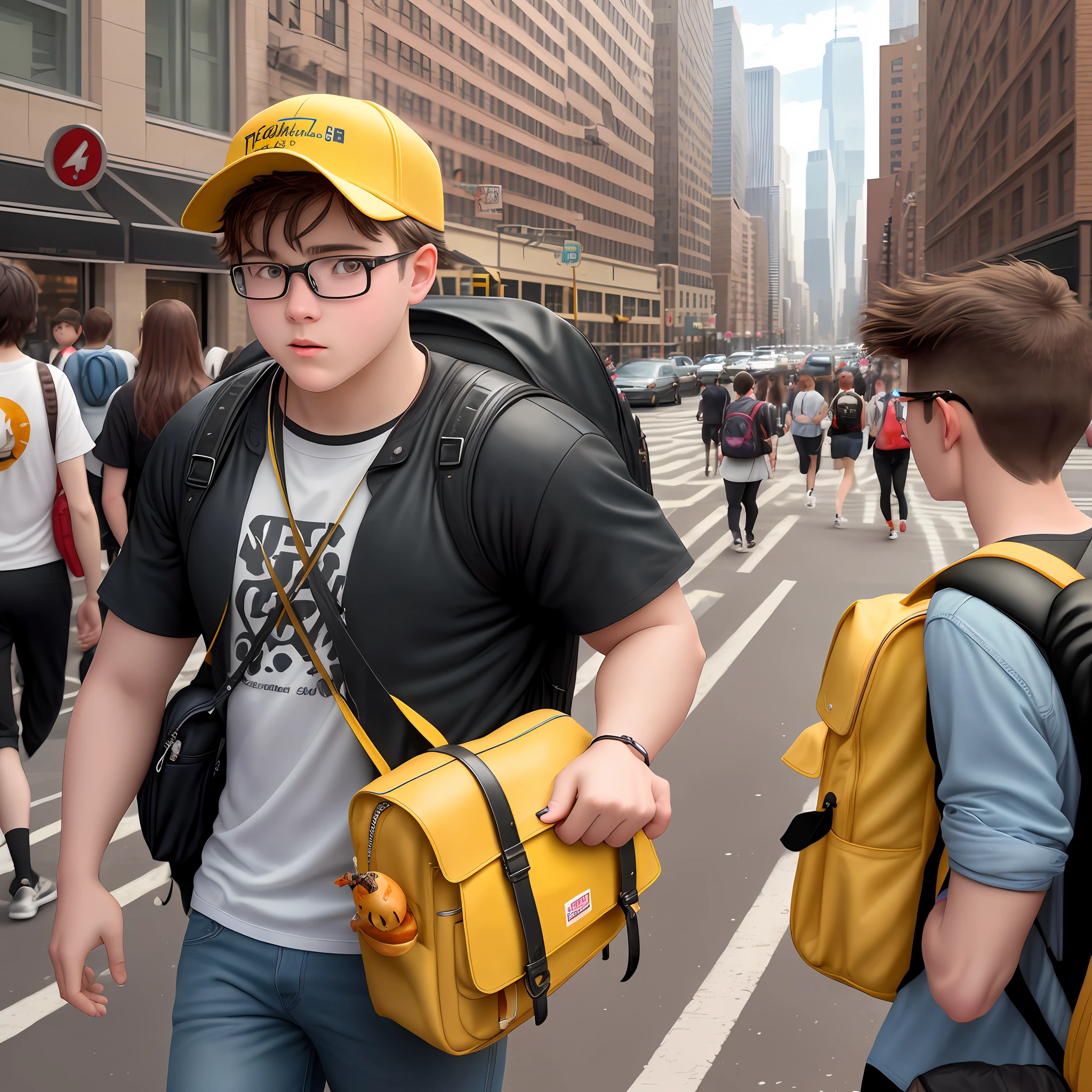 Hamburger coming out of a cell phone,
In high definition, in the hands of a teenager with a yellow backpack on his back, coming from high school, Texas, crossing a street with buildings, New York style.