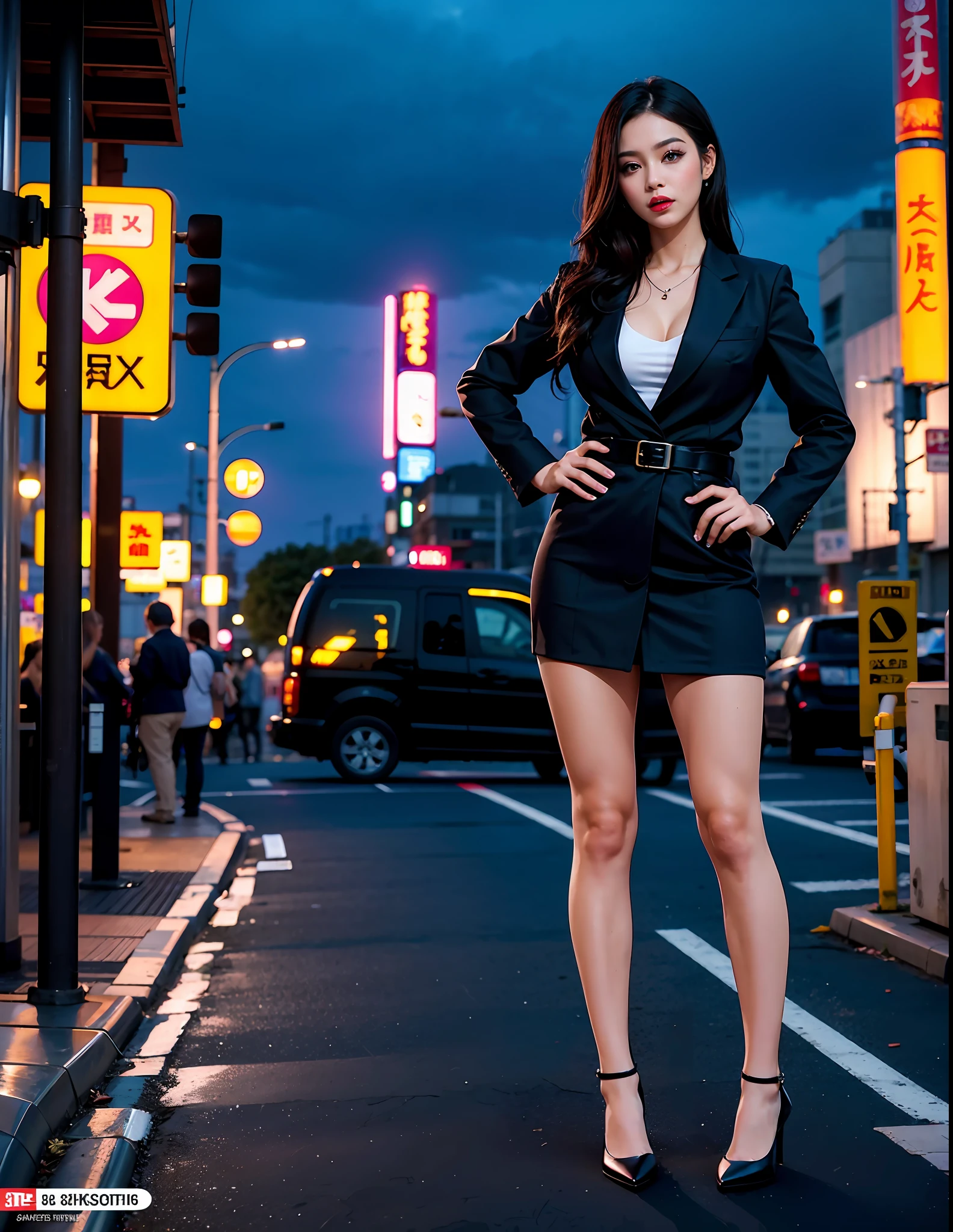 (8k, RAW photos, highest quality, masterpiece: 1.7). (Realistic, Photorealistic: 1.25). Japanese. Pitiable. 1 female. Tokyo's cityscape. Night. Professional lighting. Photon mapping. Radio City. Big tits. Office casual. Uniform. Micro mini skirt. The tips of the are sticking out. The shape of the pubic area is clearly visible. Gal. Lots of lashes. Pure black eyeshadow. Pitch black lip. Pitch black heels. Slender.