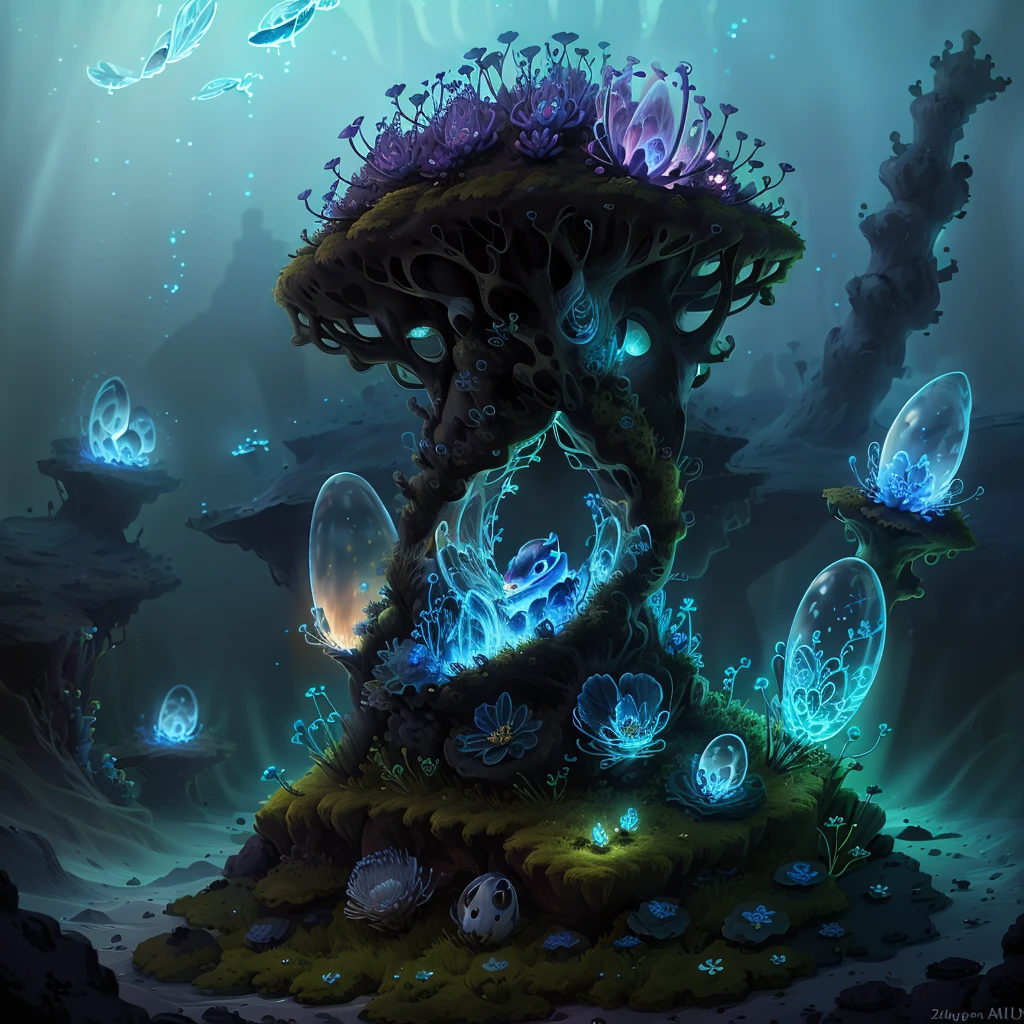 Cute anthill with moss and cute glowing ants sitting on top, made of sand, blue higan flowers blooming, transparent fog, fantasy, art