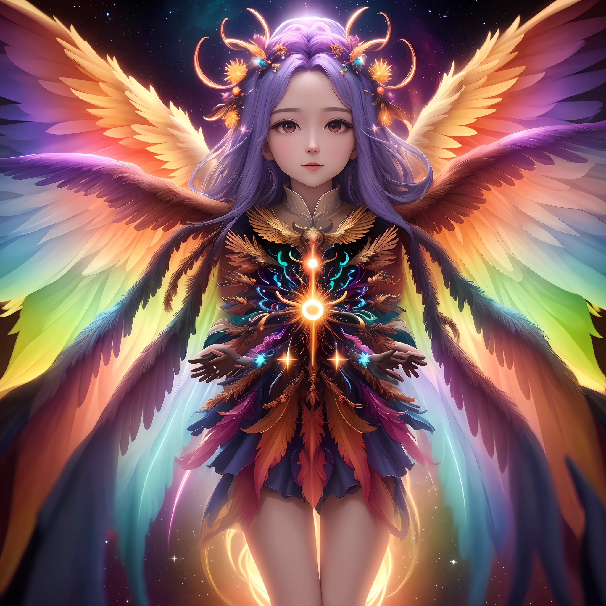 Celestial being with multiple arms, multiple eyes and wings, colorful background, 8k quality, cinematic focus