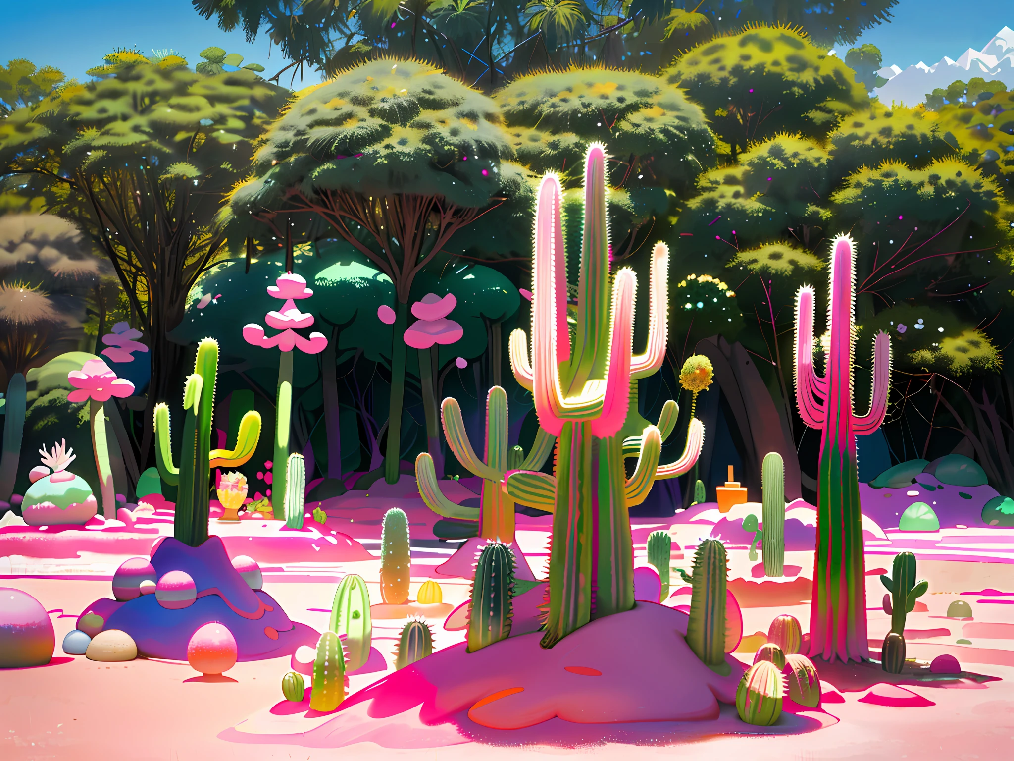 there are many different types of cactus plants in the sand, outdoor art installation, sangyeob park, candy forest, public art, art installation, cacti, on a sunny day, masterpiece work of art, cotton candy trees, cacti everywhere, unusual composition, very surreal garden, pink forest, festival, near the beach, added detail, look at the details