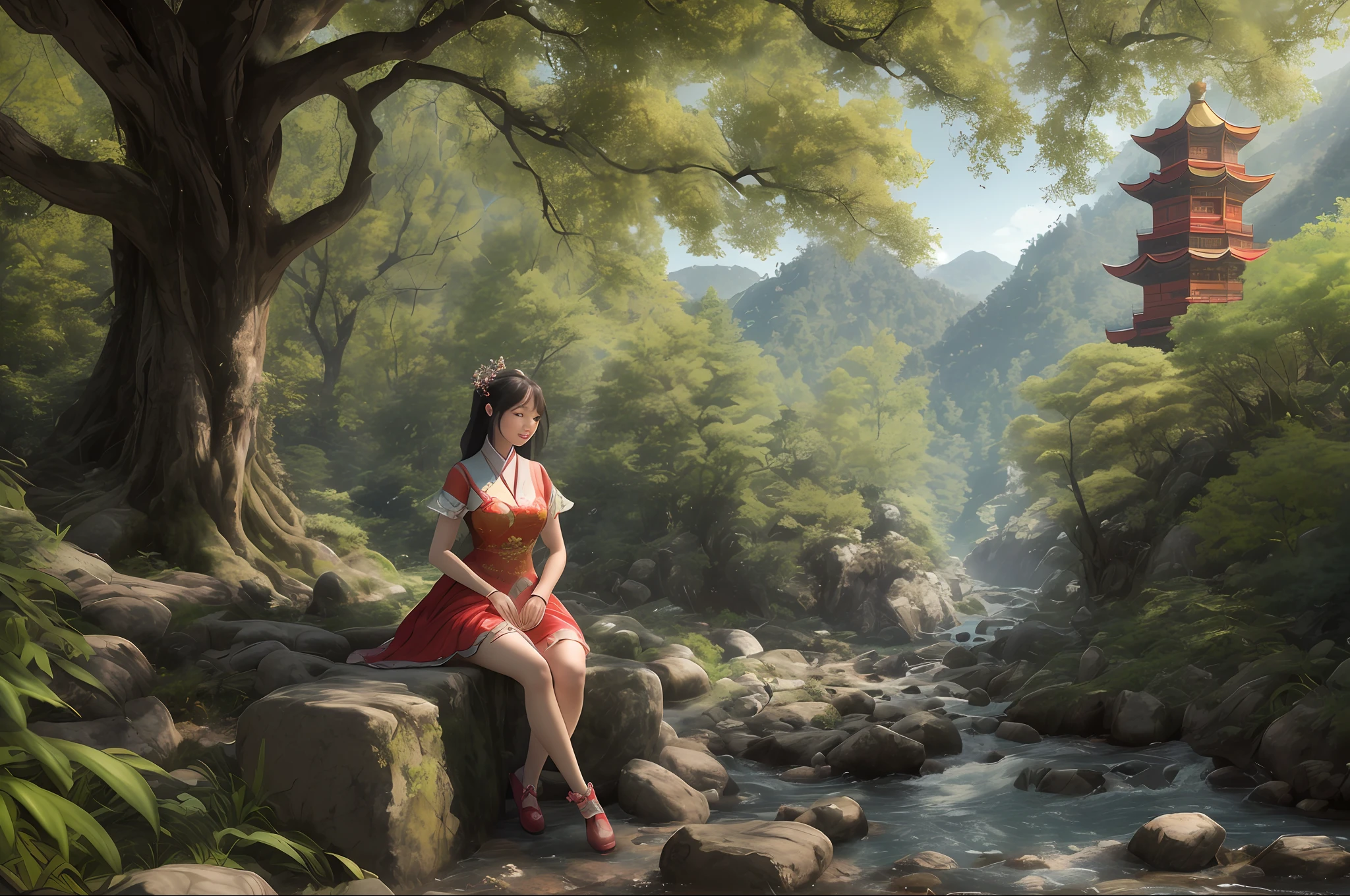 Generate an image of a beautiful girl sitting on a crumbling wall, surrounded by tall pine trees and a river flowing nearby, with misty mountains and lush greenery in the background. The fairy is wearing a red traditional Chinese dress and smiling at the camera, her face illuminated by the morning sunlight filtering through the trees.
(Chinese-style architecture),(Chinese architecture),(raw photo:1.2), (photorealistic:1.4), absurdres, incredibly absurdres, huge filesize , ultra-detailed, highres, extremely detailed,best quality ,masterpiece, illustration, an extremely delicate and beautiful, extremely detailed ,CG ,unity ,8k wallpaper, Amazing, finely detail, masterpiece,best quality, pureerosface_v1,ulzzang-6500-v1.1,