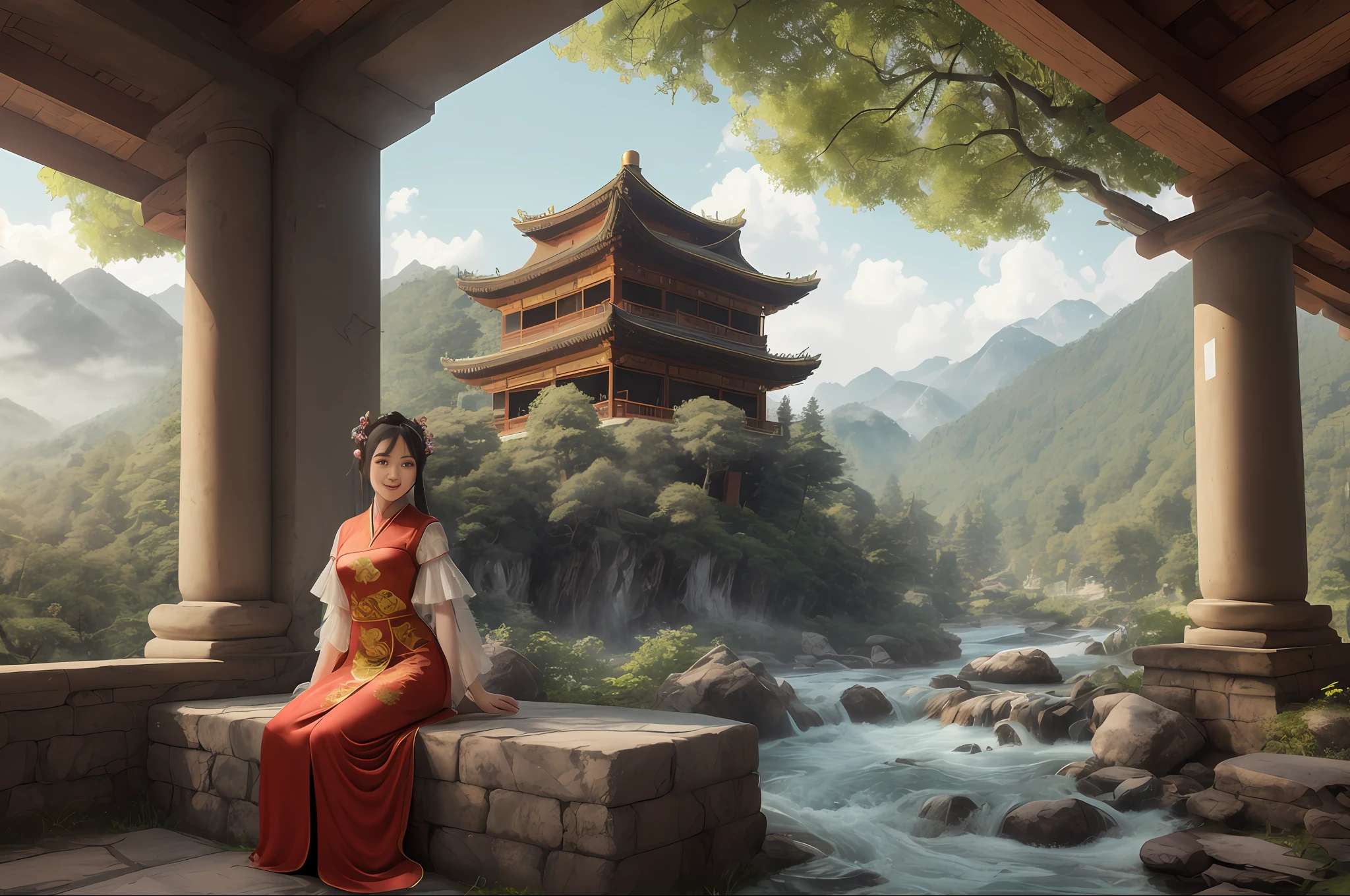 Generate an image of a beautiful girl sitting on a crumbling wall, surrounded by tall pine trees and a river flowing nearby, with misty mountains and lush greenery in the background. The fairy is wearing a red traditional Chinese dress and smiling at the camera, her face illuminated by the morning sunlight filtering through the trees.
(Chinese-style architecture),(Chinese architecture),(raw photo:1.2), (photorealistic:1.4), absurdres, incredibly absurdres, huge filesize , ultra-detailed, highres, extremely detailed,best quality ,masterpiece, illustration, an extremely delicate and beautiful, extremely detailed ,CG ,unity ,8k wallpaper, Amazing, finely detail, masterpiece,best quality, pureerosface_v1,ulzzang-6500-v1.1,