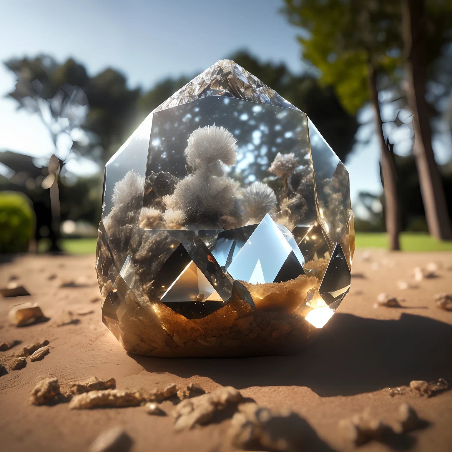 photo of A large crystal stone in an anthill, the background and a lawn, should have lighting reflections in the crystal, 4k, hdr, ray tracimg.