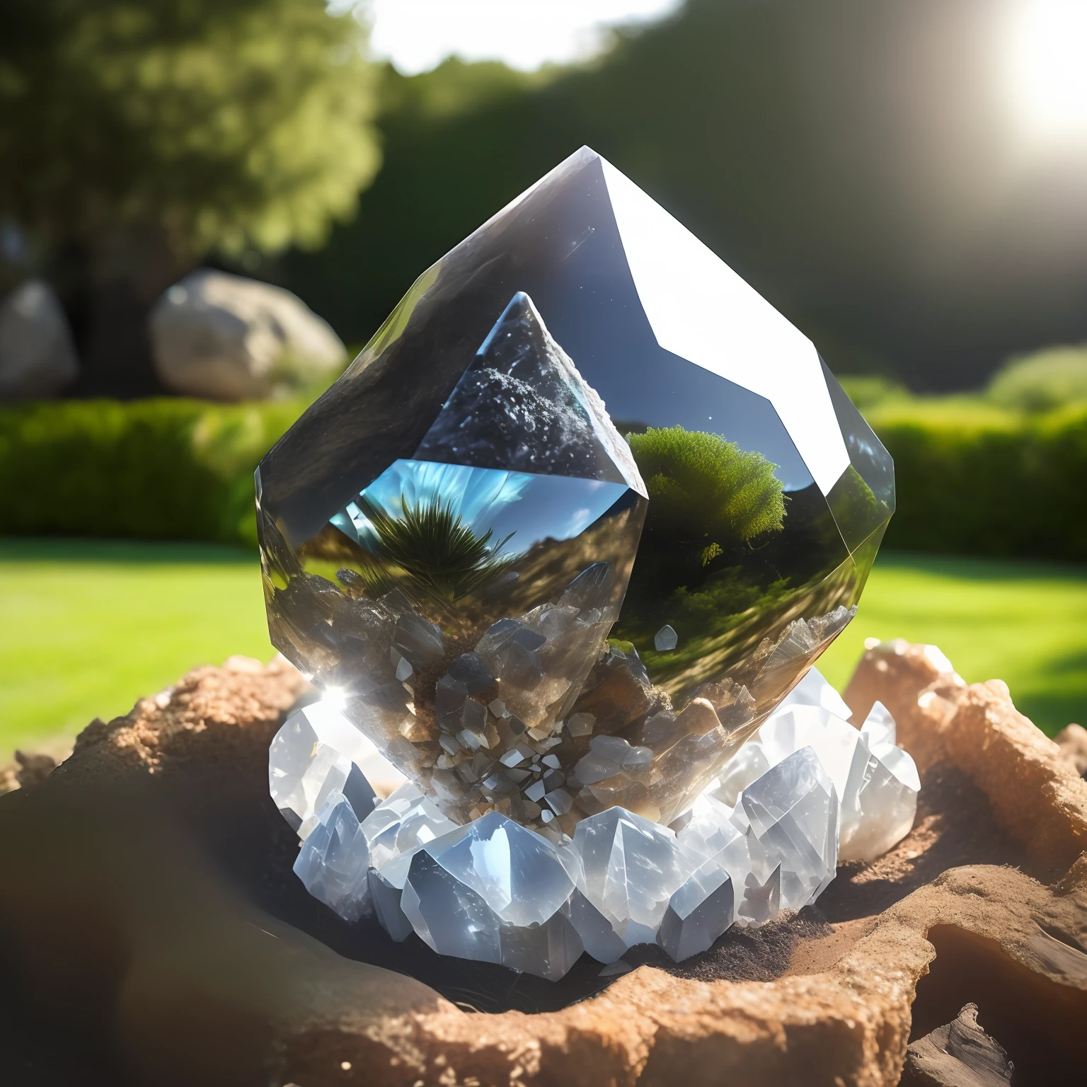 photo of A large crystal stone in an anthill, the background and a lawn, should have lighting reflections in the crystal, 4k, hdr, ray tracimg.