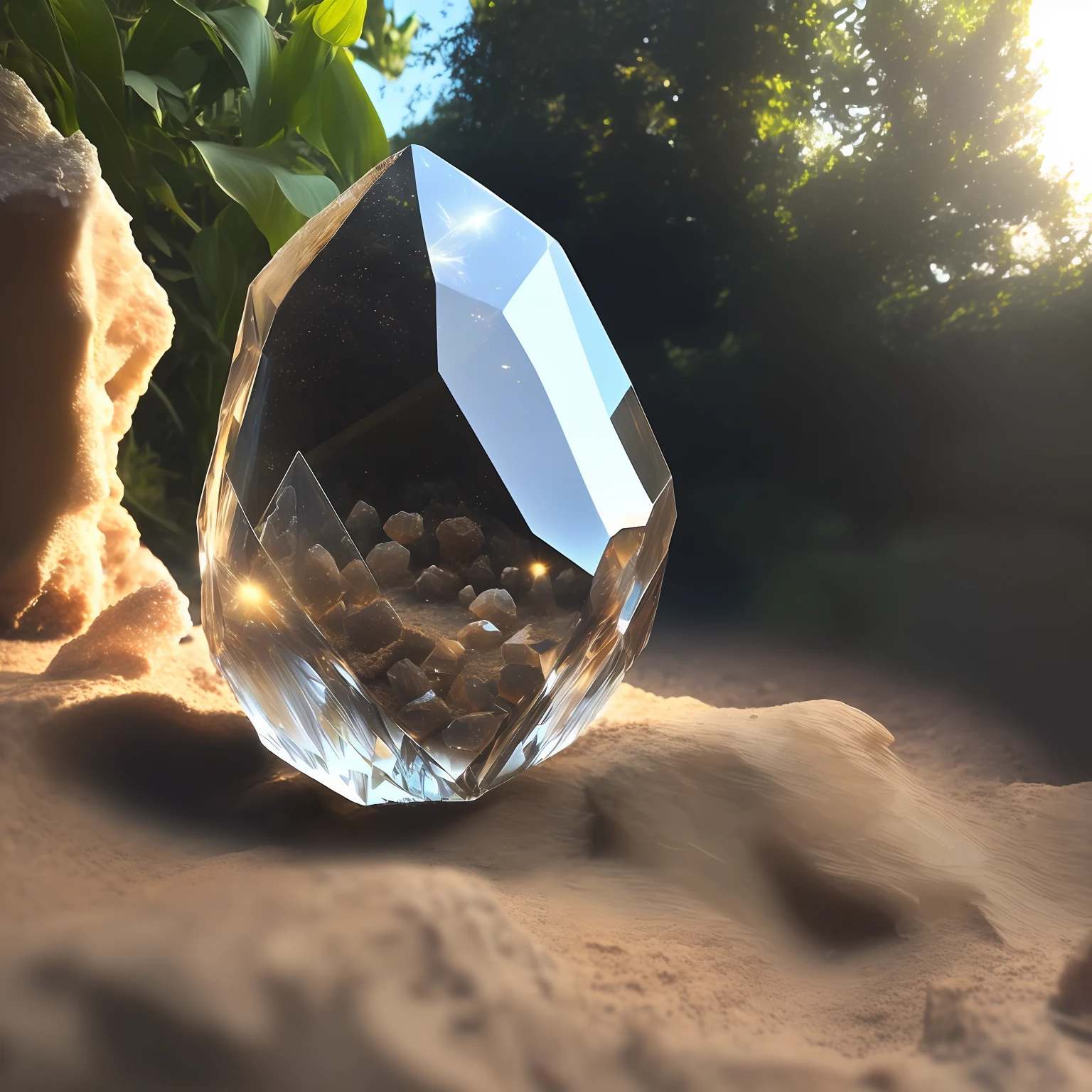 photo of A large crystal stone in an anthill, the background and a lawn, should have lighting reflections in the crystal, 4k, hdr, ray tracimg.