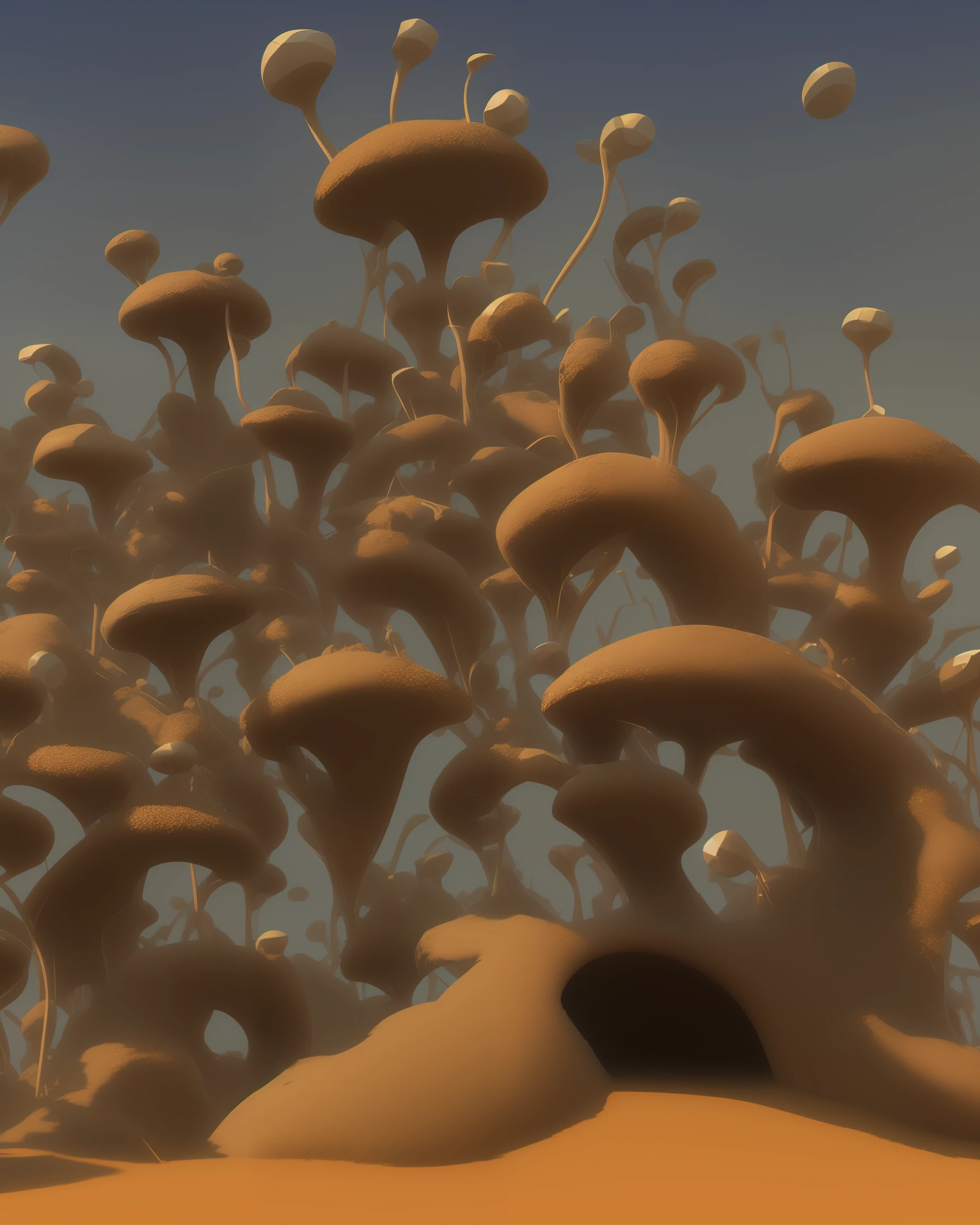 Drumband shaped anthill, futuristic, 3d, fantasy, glow